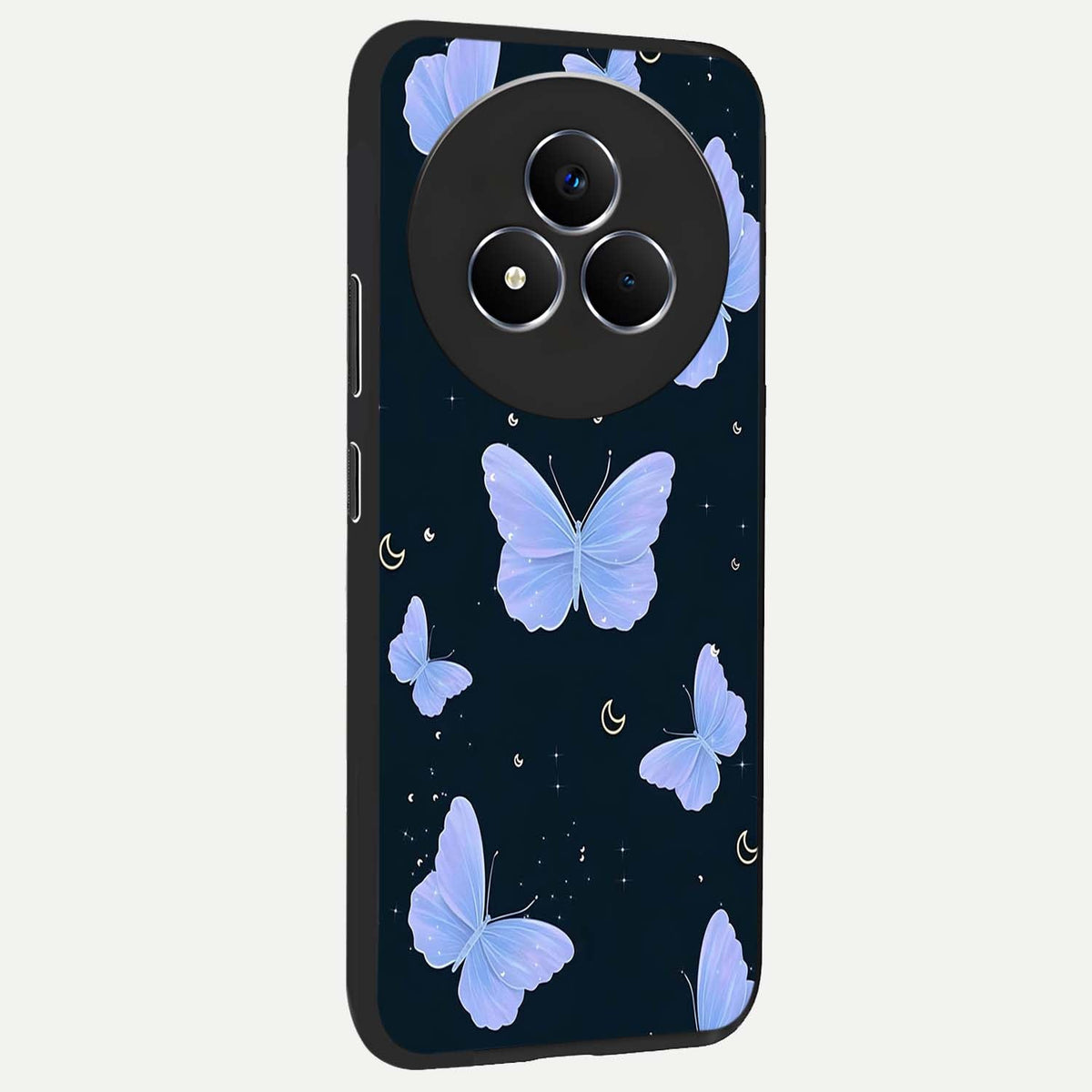 Butterfly With Stars Pattern Glass Case upright view showcasing celestial butterfly artwork with sparkling star elements.