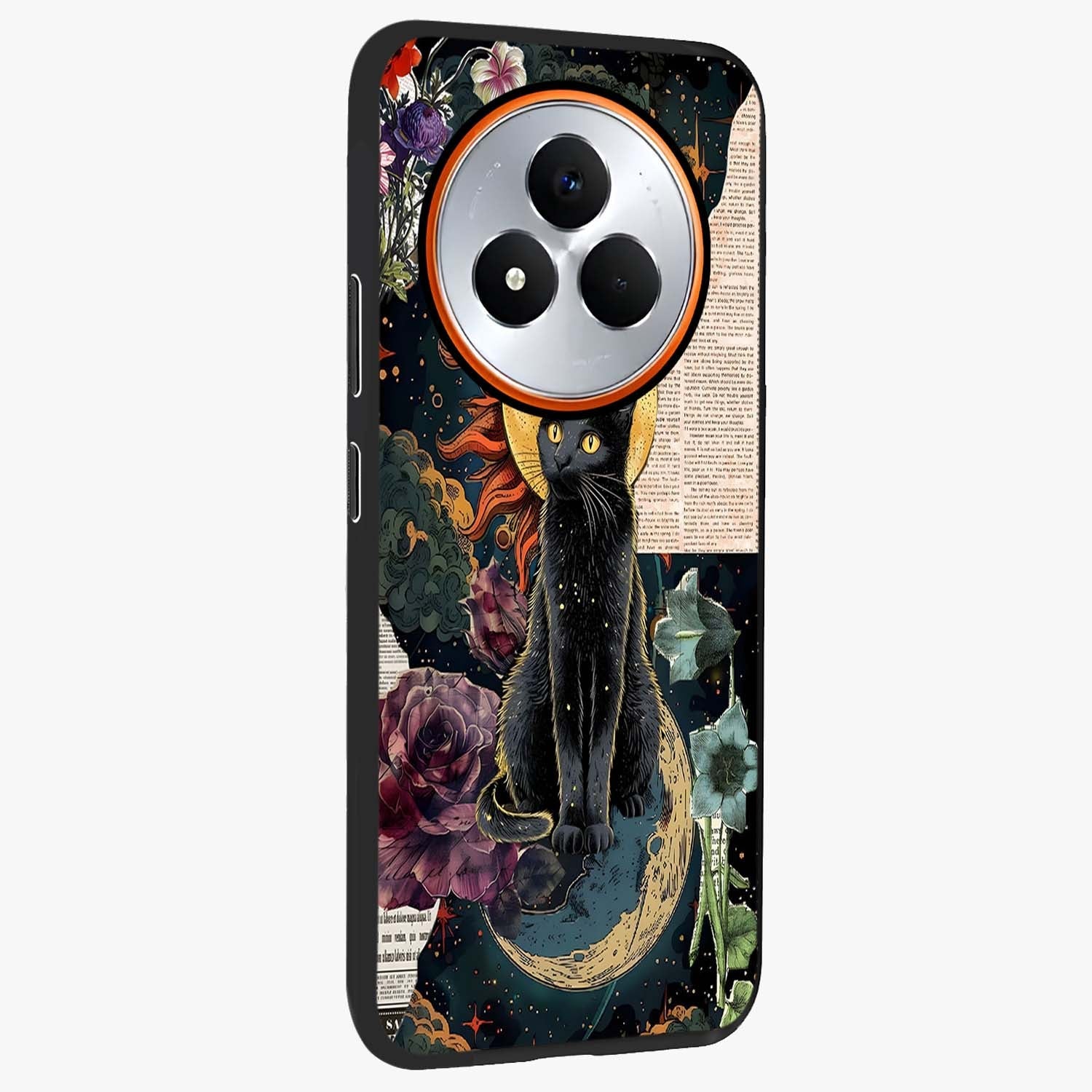 Celestial Black Cat Glass Case upright view showcasing magical black cat illustration with starry cosmic theme.