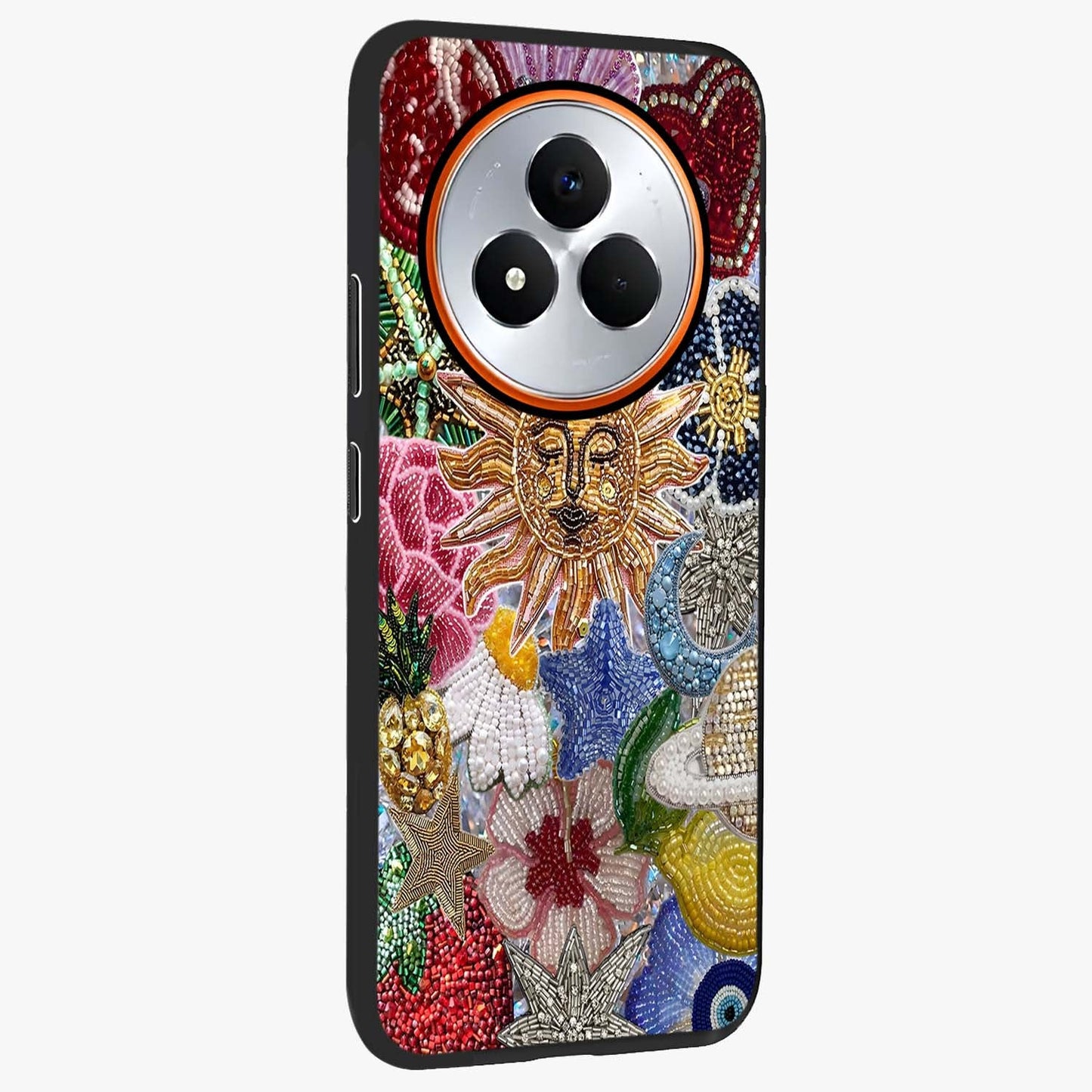 Celestial Floral and Playful Glass Case upright view showcasing whimsical floral artwork with cosmic aesthetic theme.