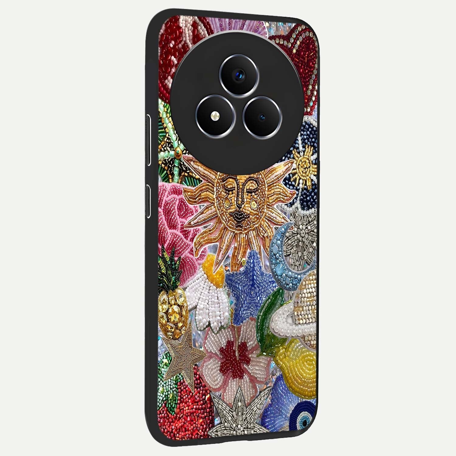 Celestial Floral and Playful Glass Case upright view showcasing whimsical floral artwork with cosmic aesthetic theme.