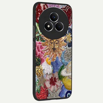 Celestial Floral and Playful Glass Case upright view showcasing whimsical floral artwork with cosmic aesthetic theme.