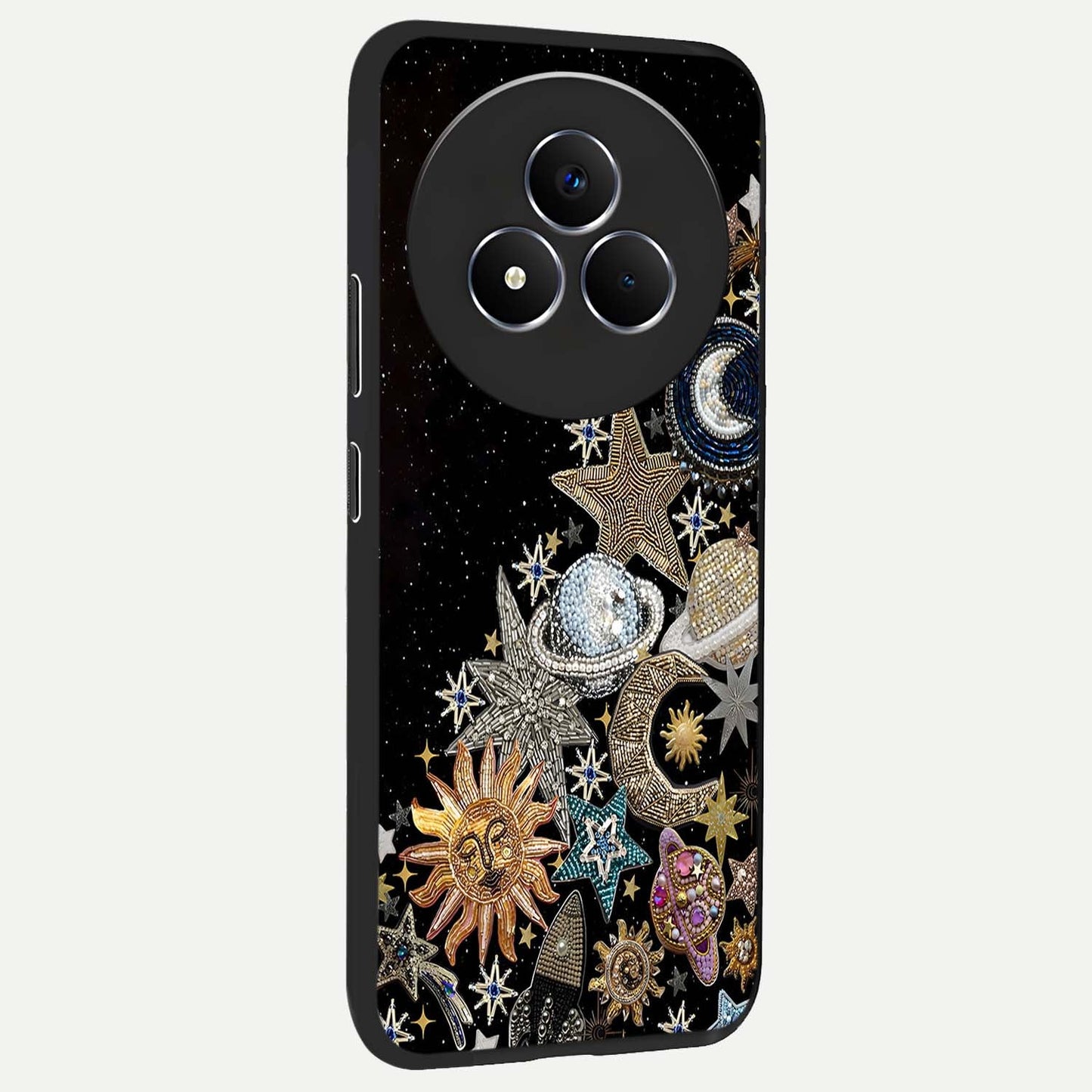 Cosmic Sparkle Dreams Glass Case upright view showcasing glowing cosmic artwork with magical galaxy theme.