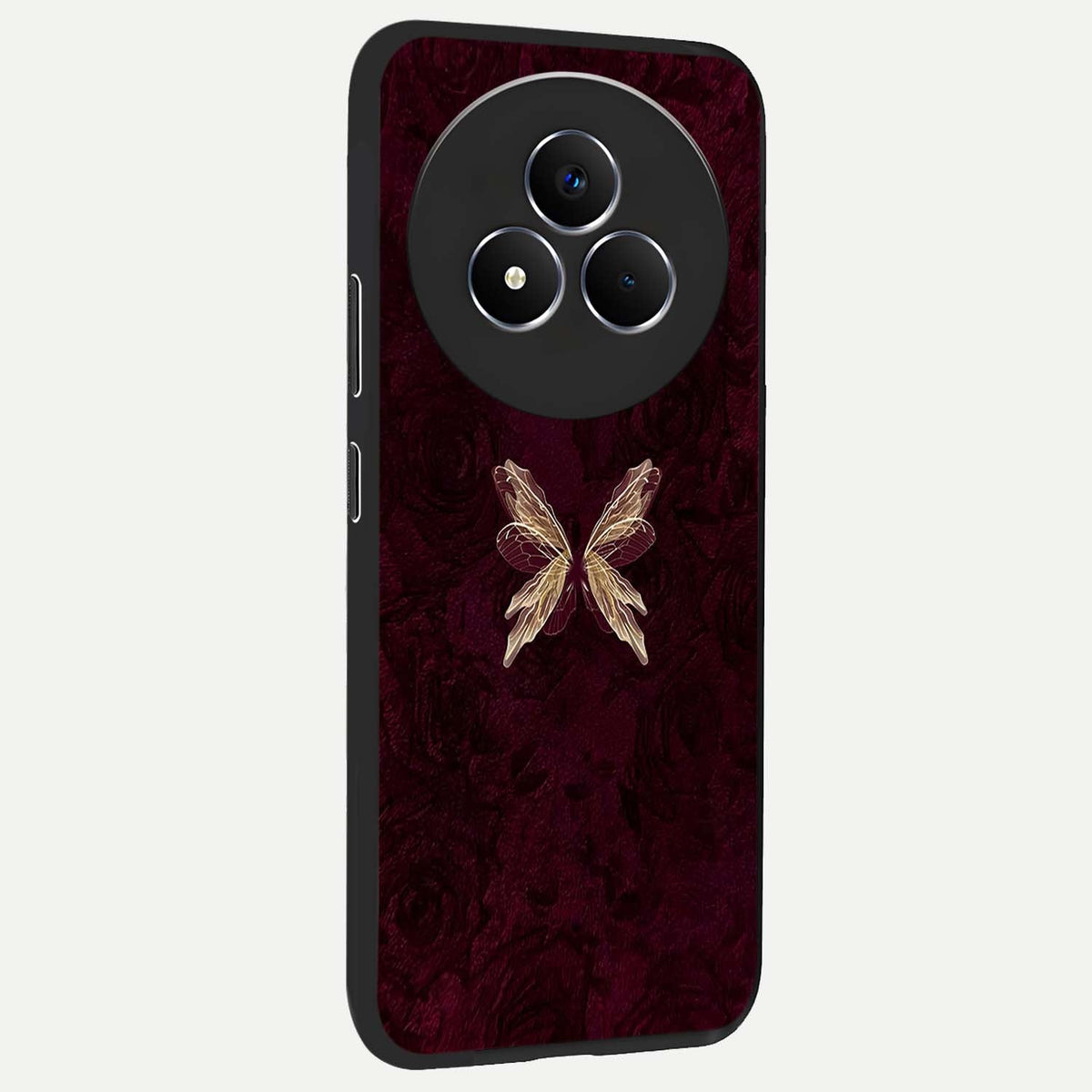 Crimson Fade Butterfly Glass Case upright view showcasing graceful butterfly artwork with soft crimson fade effect.