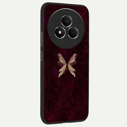 Crimson Fade Butterfly Glass Case upright view showcasing graceful butterfly artwork with soft crimson fade effect.