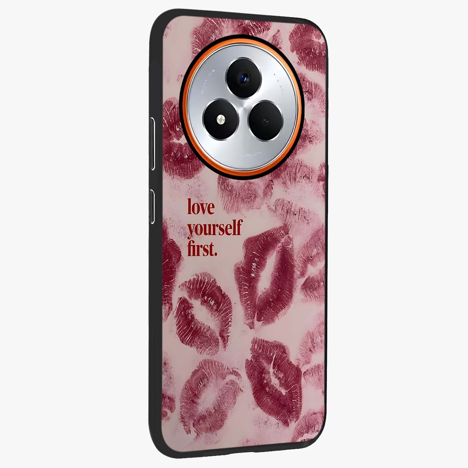 Crimson Kiss Love Glass Case upright view showcasing expressive romantic artwork with deep crimson theme.