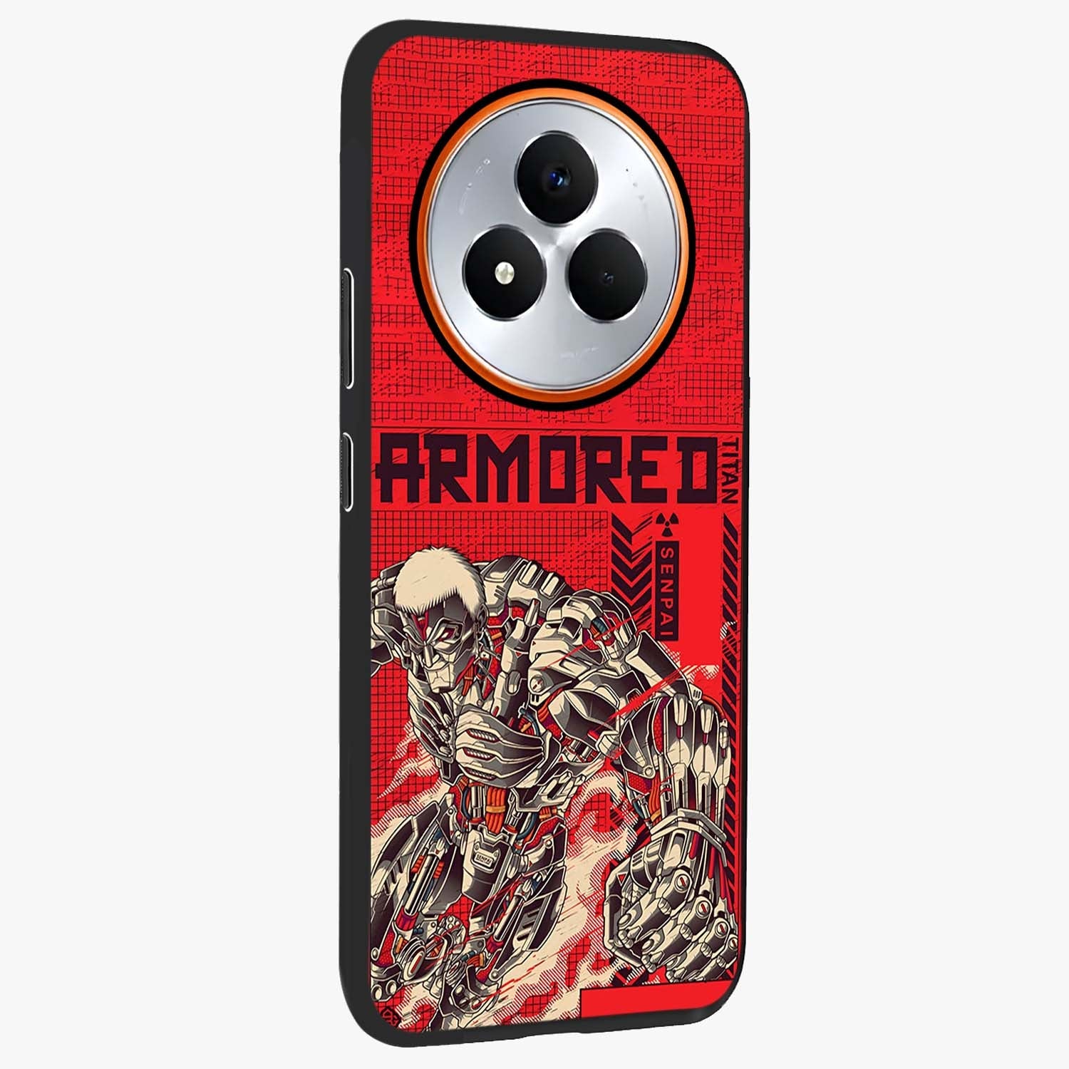 Crimson Mecha Titan Glass Case upright view showcasing dynamic robotic titan design with sci-fi inspired theme.