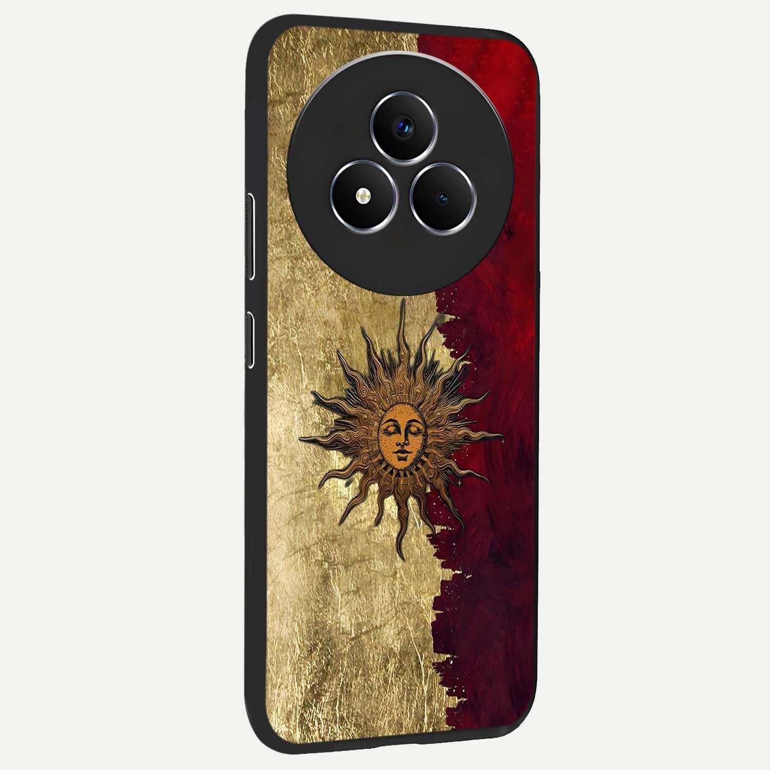 Crimson Sun Majesty Glass Case upright view showcasing vibrant sun artwork with powerful celestial theme.
