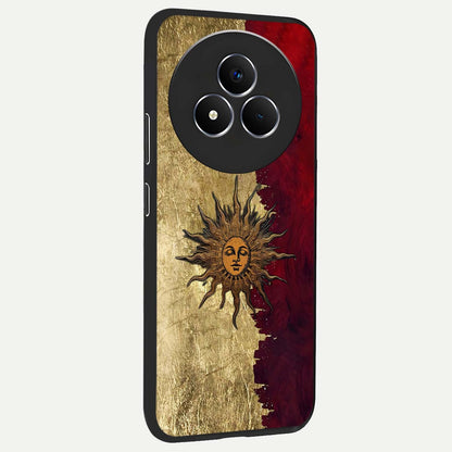 Crimson Sun Majesty Glass Case upright view showcasing vibrant sun artwork with powerful celestial theme.