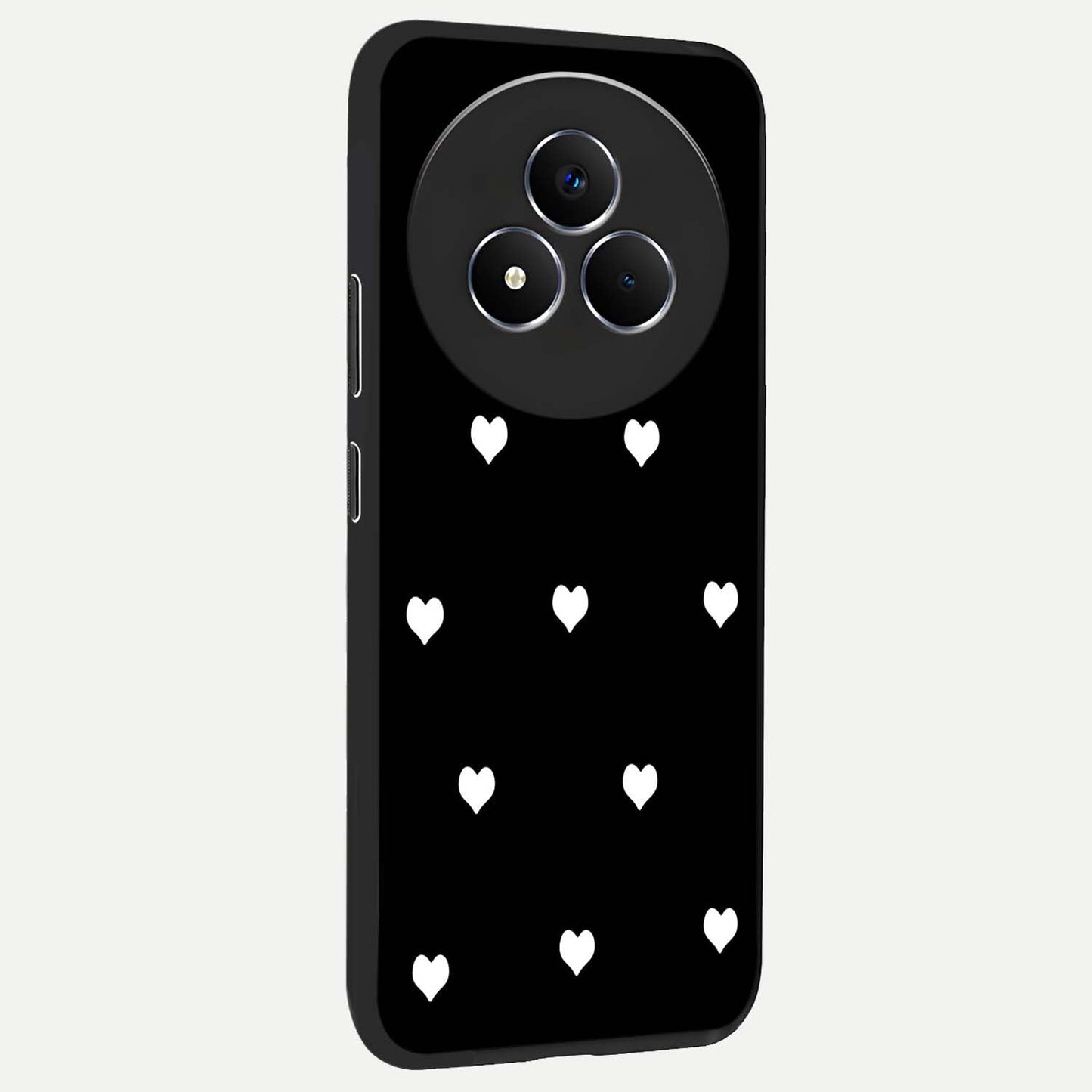 Cute And Simple White Hearts Glass Case upright view showcasing simple white hearts artwork with soft minimal theme.