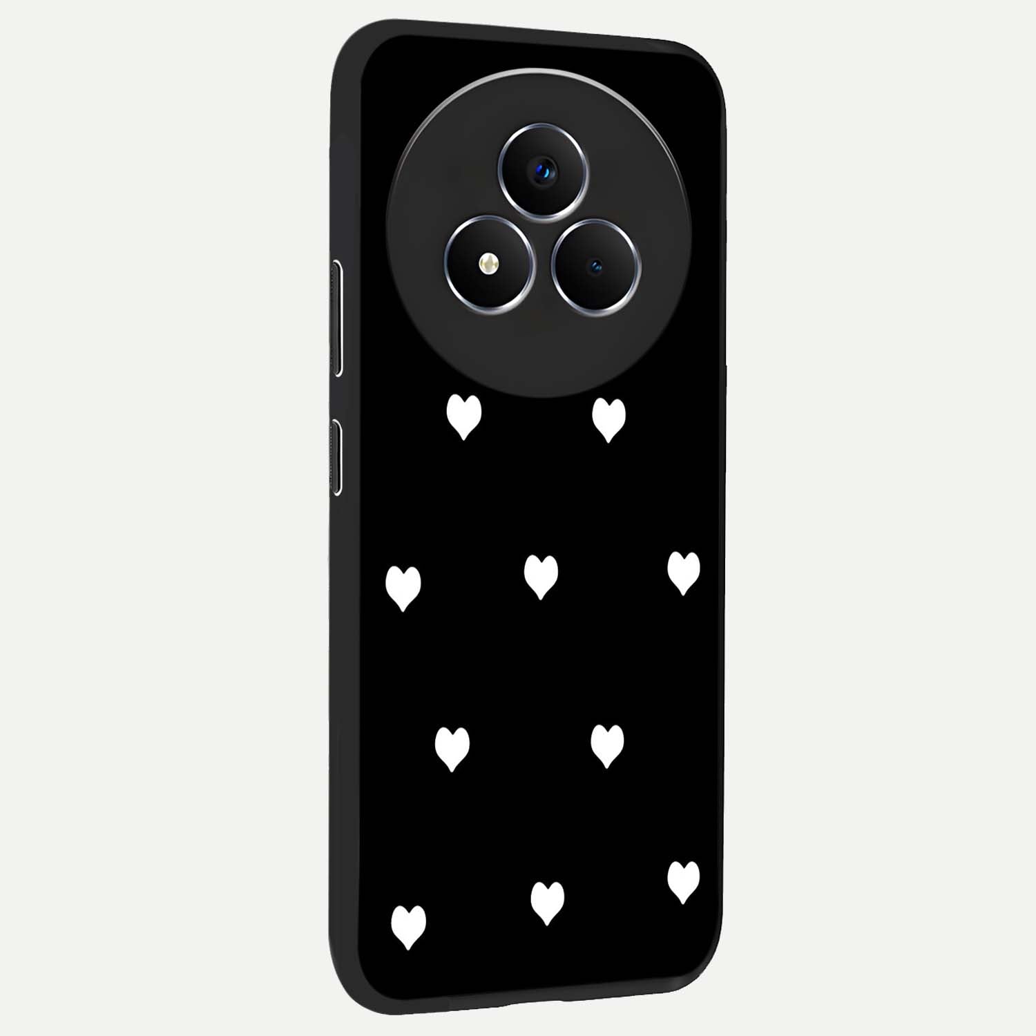 Cute And Simple White Hearts Glass Case upright view showcasing simple white hearts artwork with soft minimal theme.