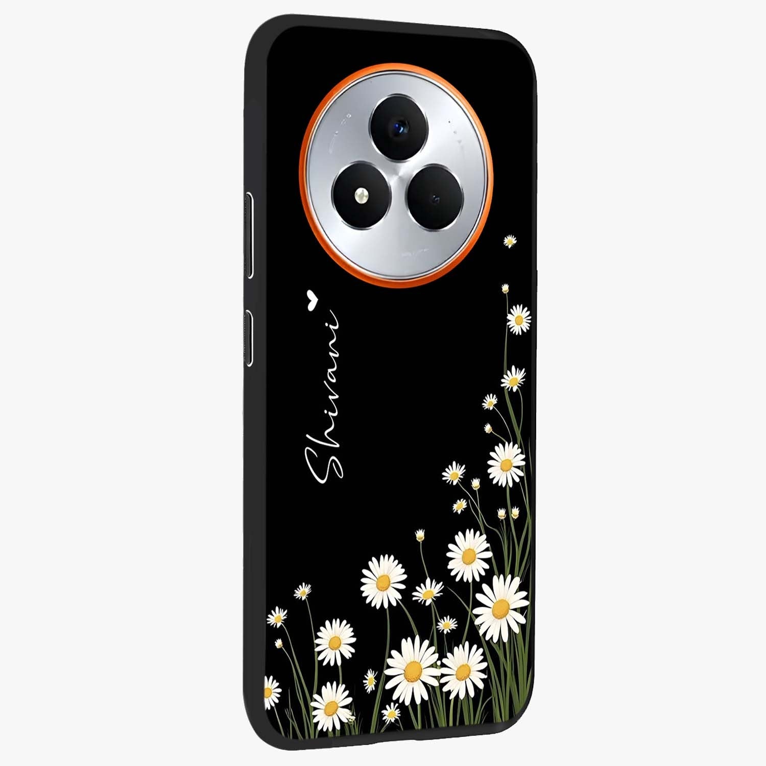 Daisy Cascade Custom Name Glass Case upright view showcasing elegant floral cascade design with personalized aesthetic.