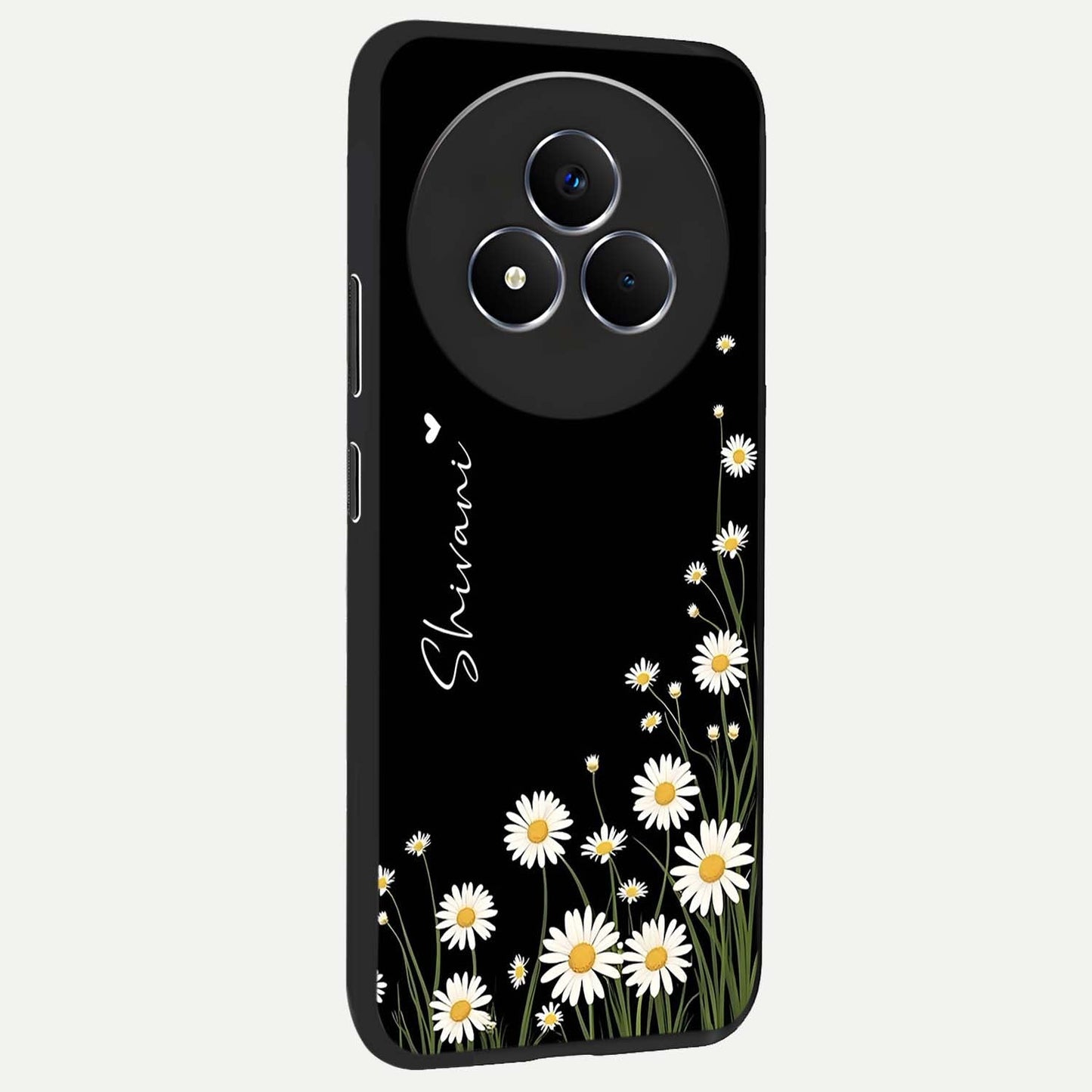 Daisy Cascade Custom Name Glass Case upright view showcasing elegant floral cascade design with personalized aesthetic.