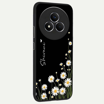 Daisy Cascade Custom Name Glass Case upright view showcasing elegant floral cascade design with personalized aesthetic.
