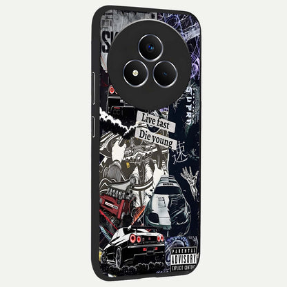 Die Young Glass Case upright view showcasing striking typography artwork with modern statement theme.
