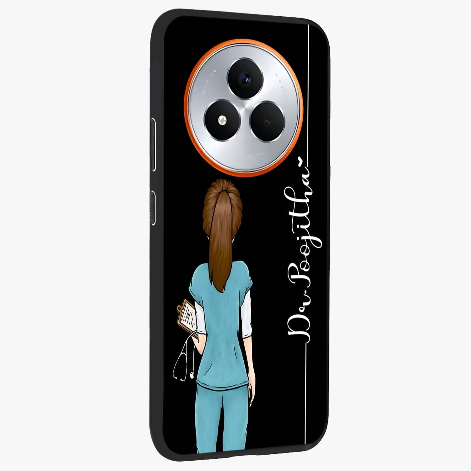 Doctor Pattern Custom Name Glass Case upright view showcasing healthcare themed design with personalized aesthetic.