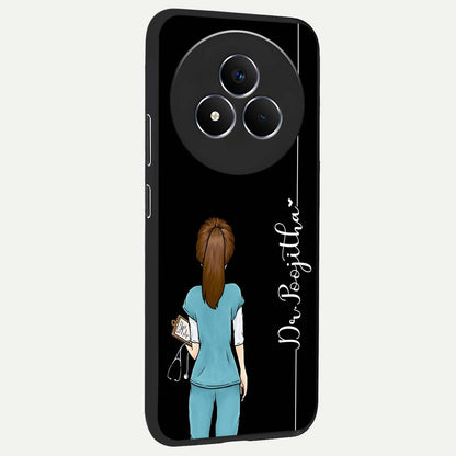 Doctor Pattern Custom Name Glass Case upright view showcasing healthcare themed design with personalized aesthetic.