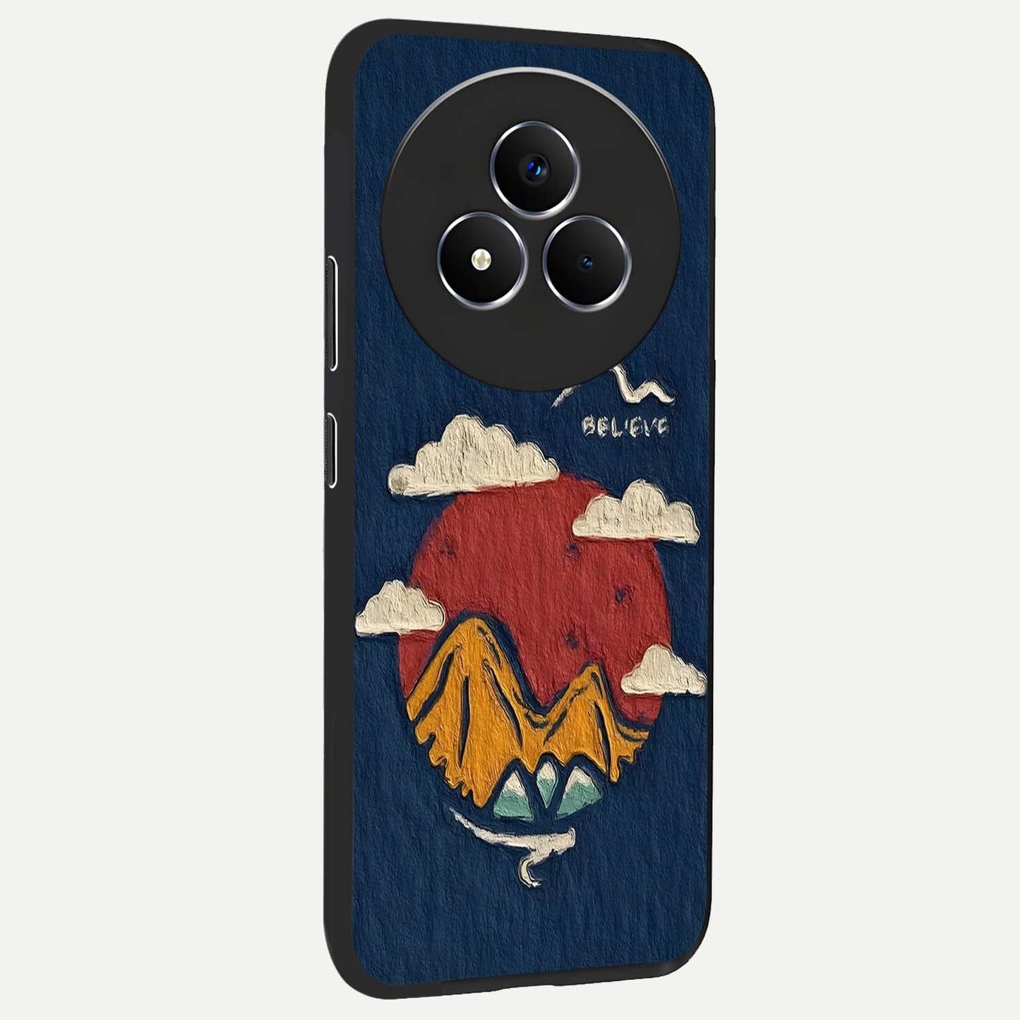 Dream Beyond Mountains Glass Case upright view showcasing beautiful mountain scenery with inspirational nature theme.