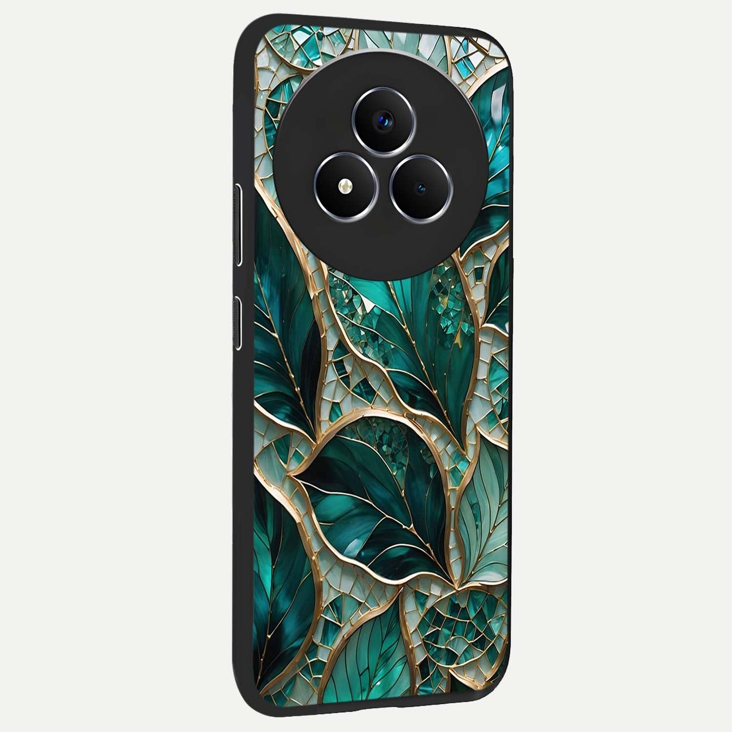 Emerald Leaf Glass Glass Case upright view showcasing fresh green leaf artwork with calming nature inspired style.