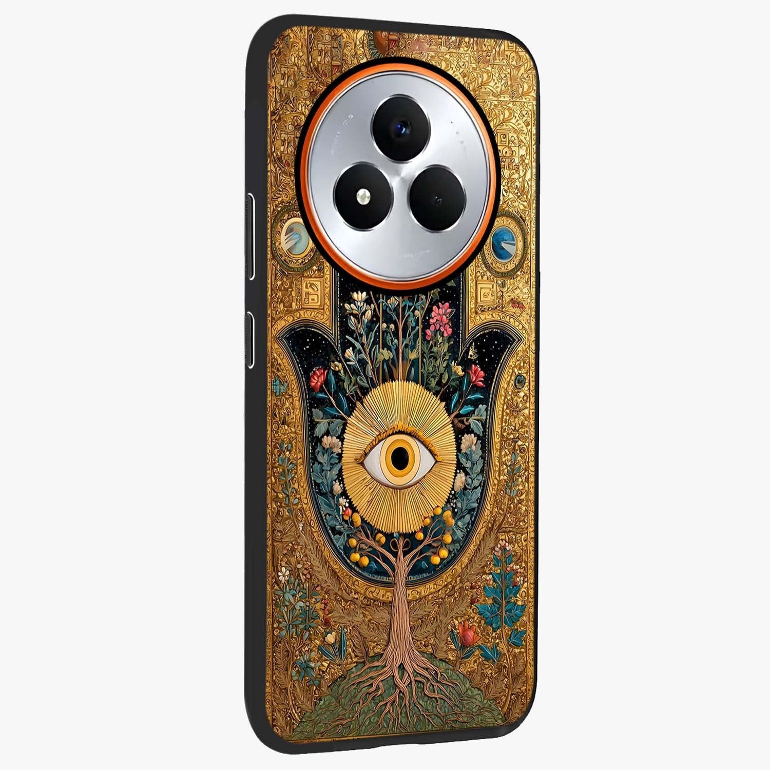 Ethereal Evil Eye Glass Case upright view showcasing celestial evil eye artwork with mystical theme.