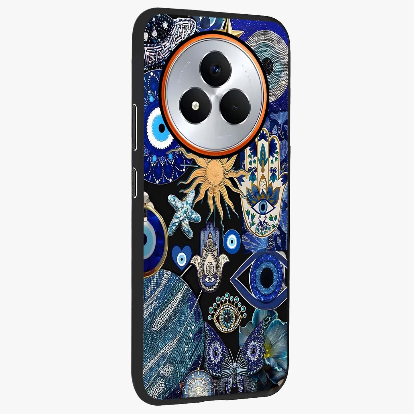 Evil Eye Charm Mix Glass Case upright view showcasing mystical evil eye pattern with vibrant decorative style.