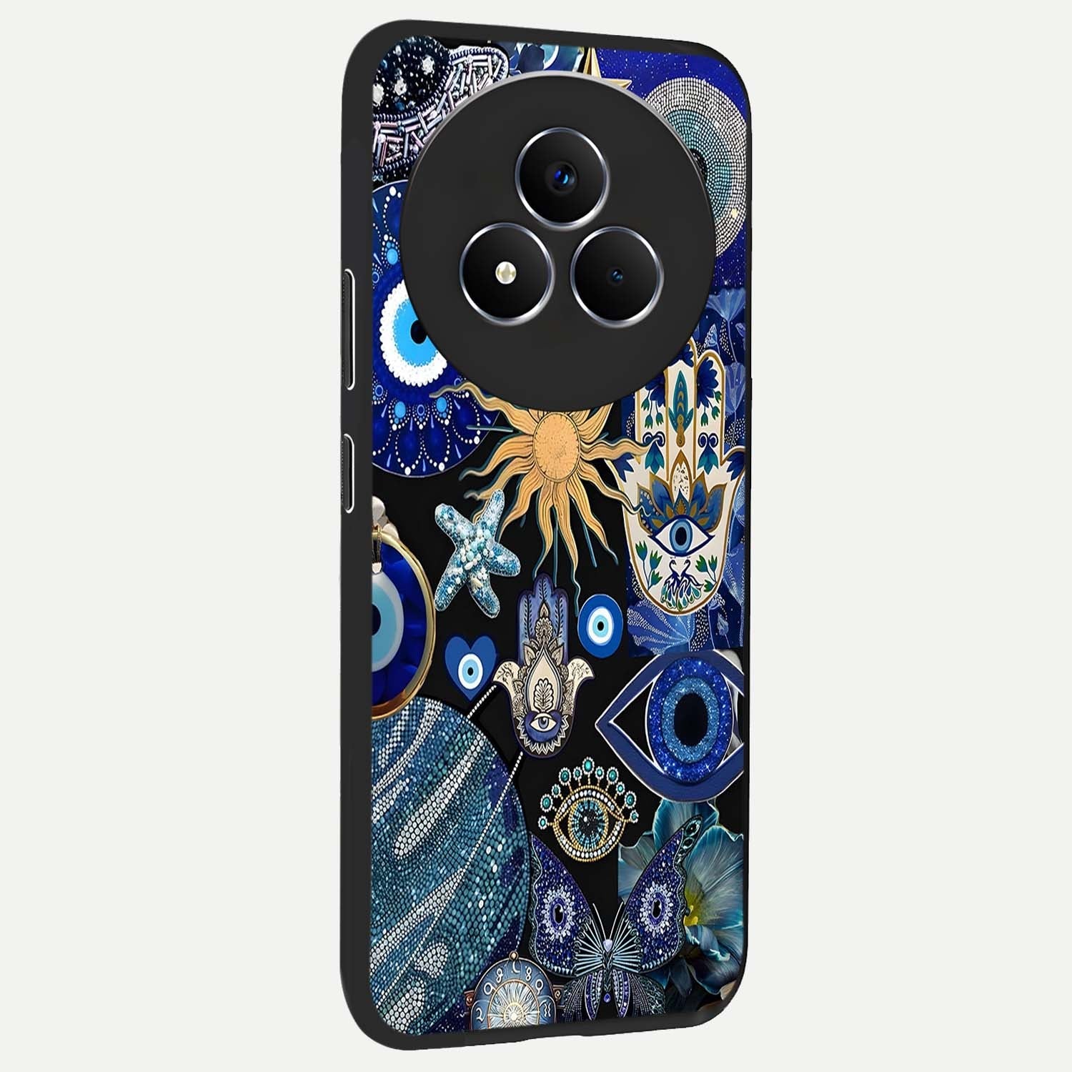 Evil Eye Charm Mix Glass Case upright view showcasing mystical evil eye pattern with vibrant decorative style.