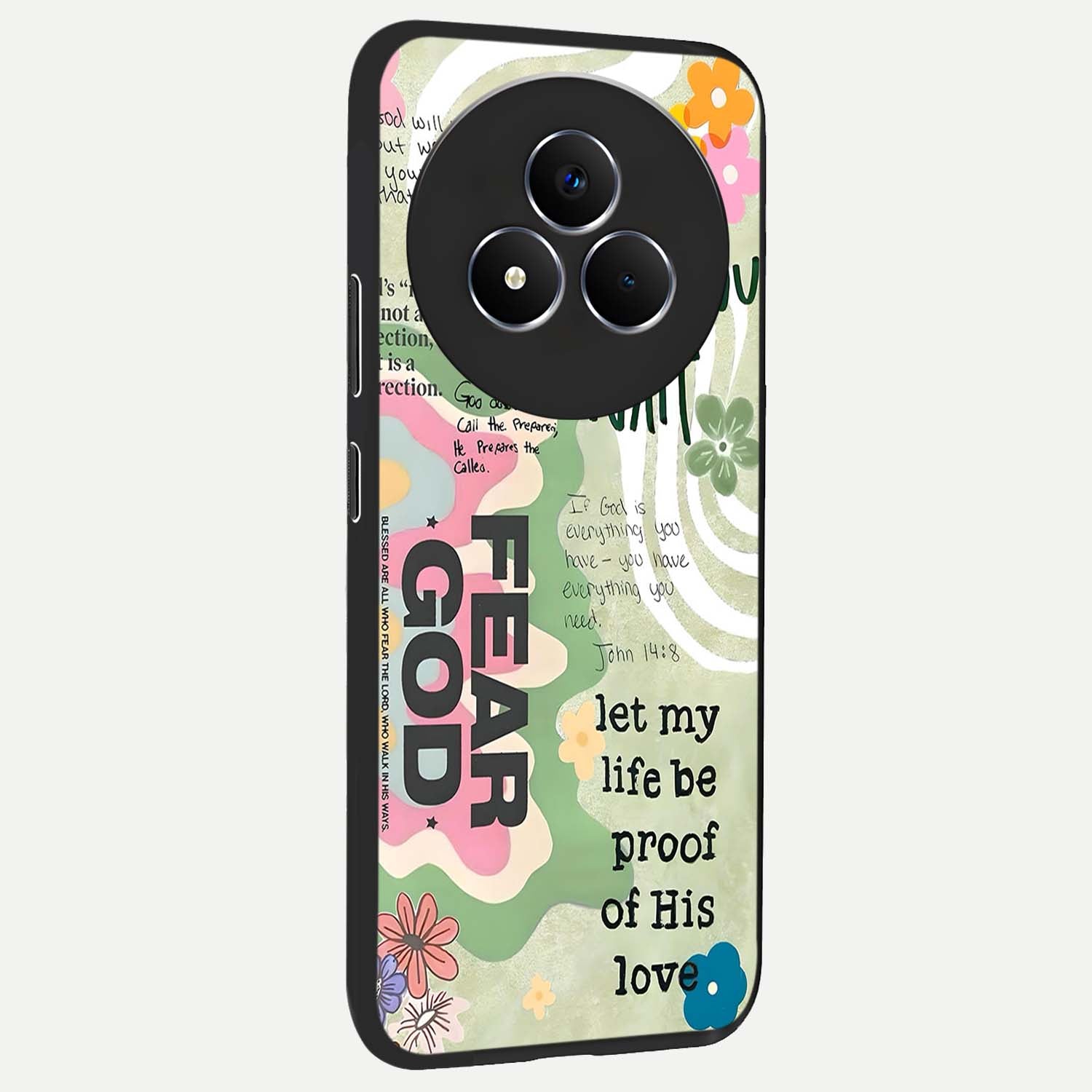 Faith Over Fear Glass Case upright view showcasing bold typography artwork with uplifting motivational theme.