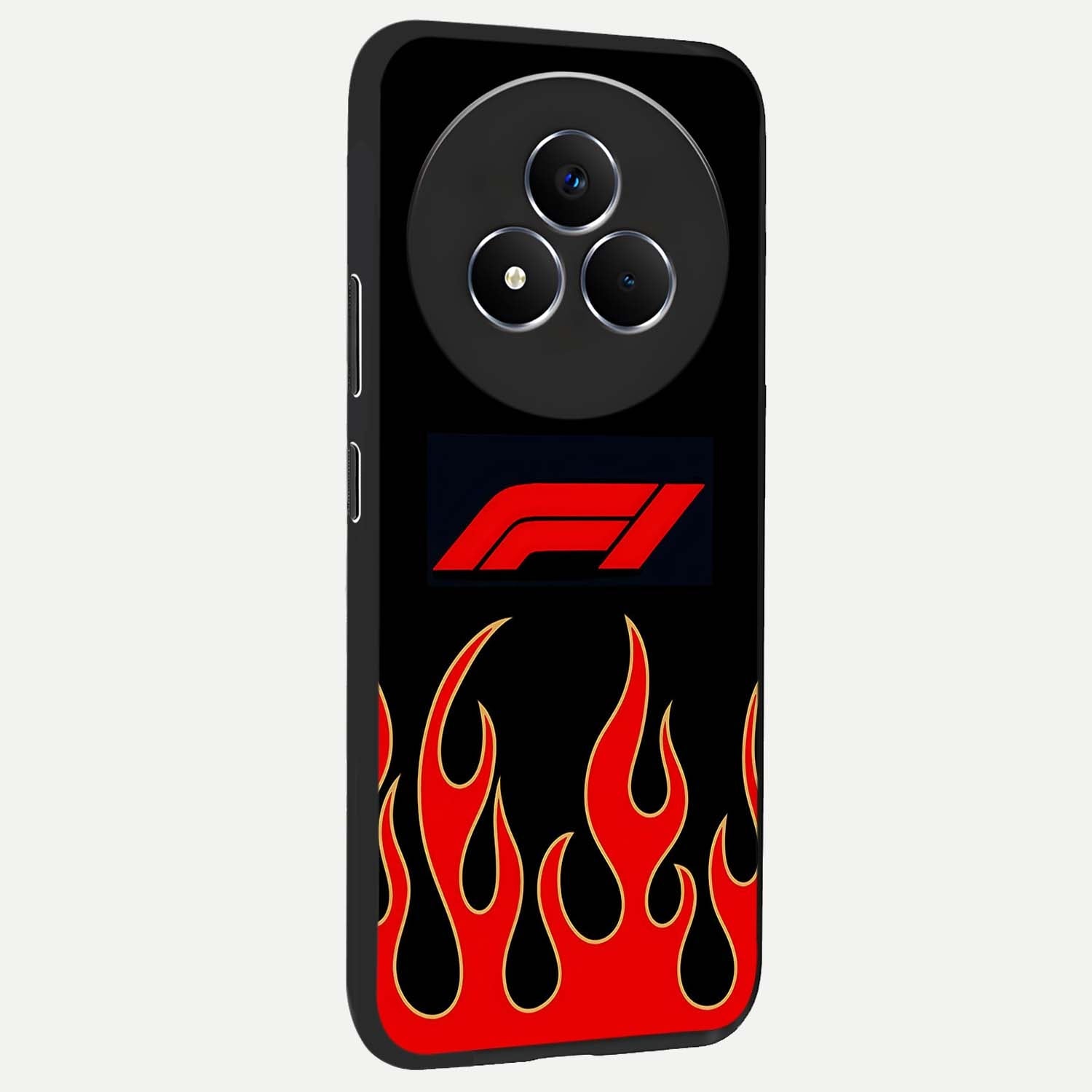 Fire F11 Glass Case upright view showcasing dynamic flame artwork with intense visual theme.