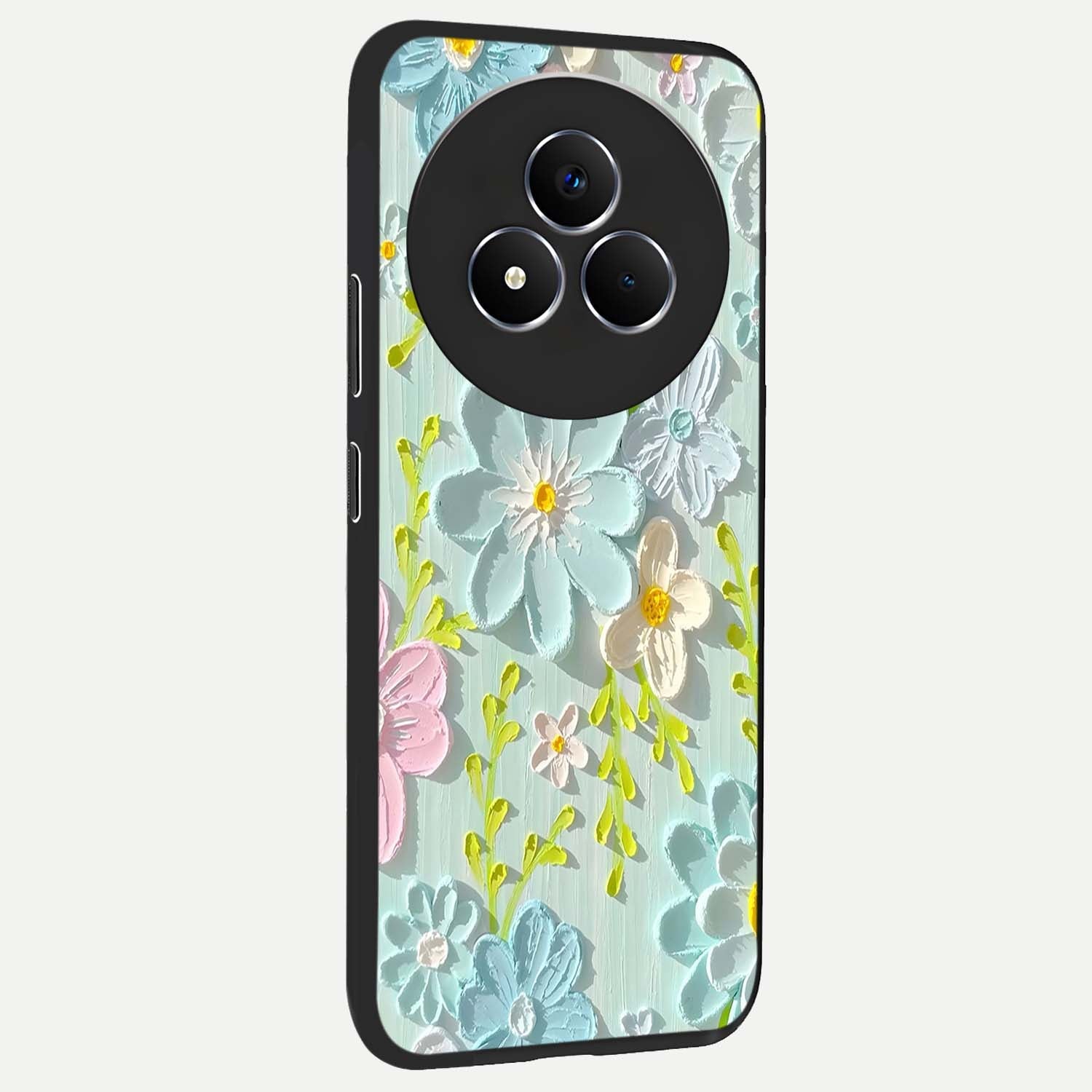 Frosted Petal Garden Glass Case upright view showcasing elegant floral garden artwork with soothing pastel theme.