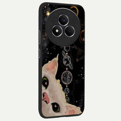 Galactic Cat Glass Case upright view showcasing mystical cat artwork with dreamy cosmic theme.