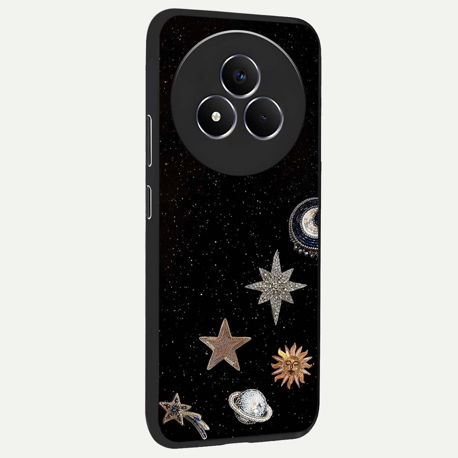 Galactic Charm Glow Glass Case upright view showcasing glowing cosmic charm artwork with magical celestial style.