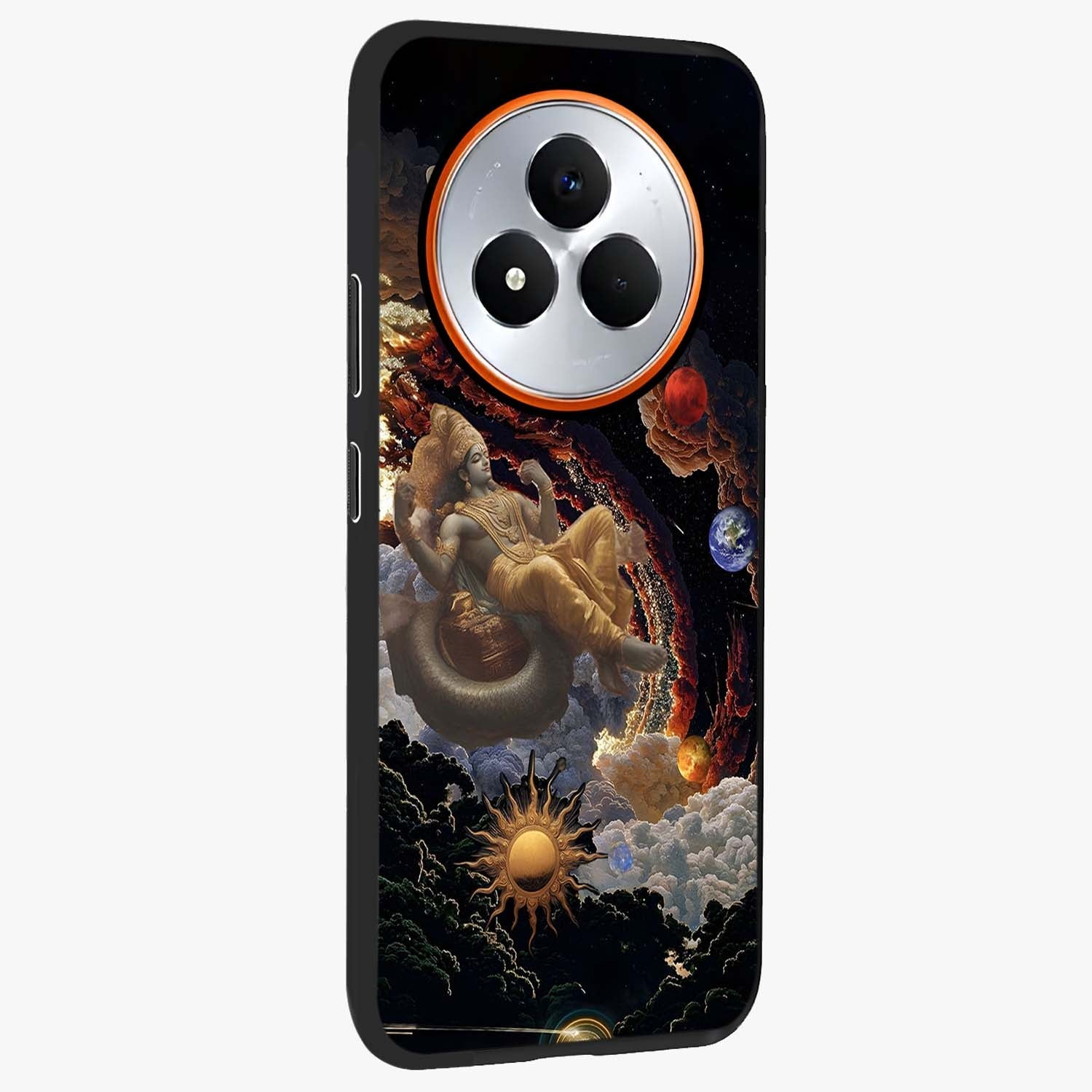Galactic Divine God Glass Case upright view showcasing mystical divine artwork with dramatic cosmic theme.