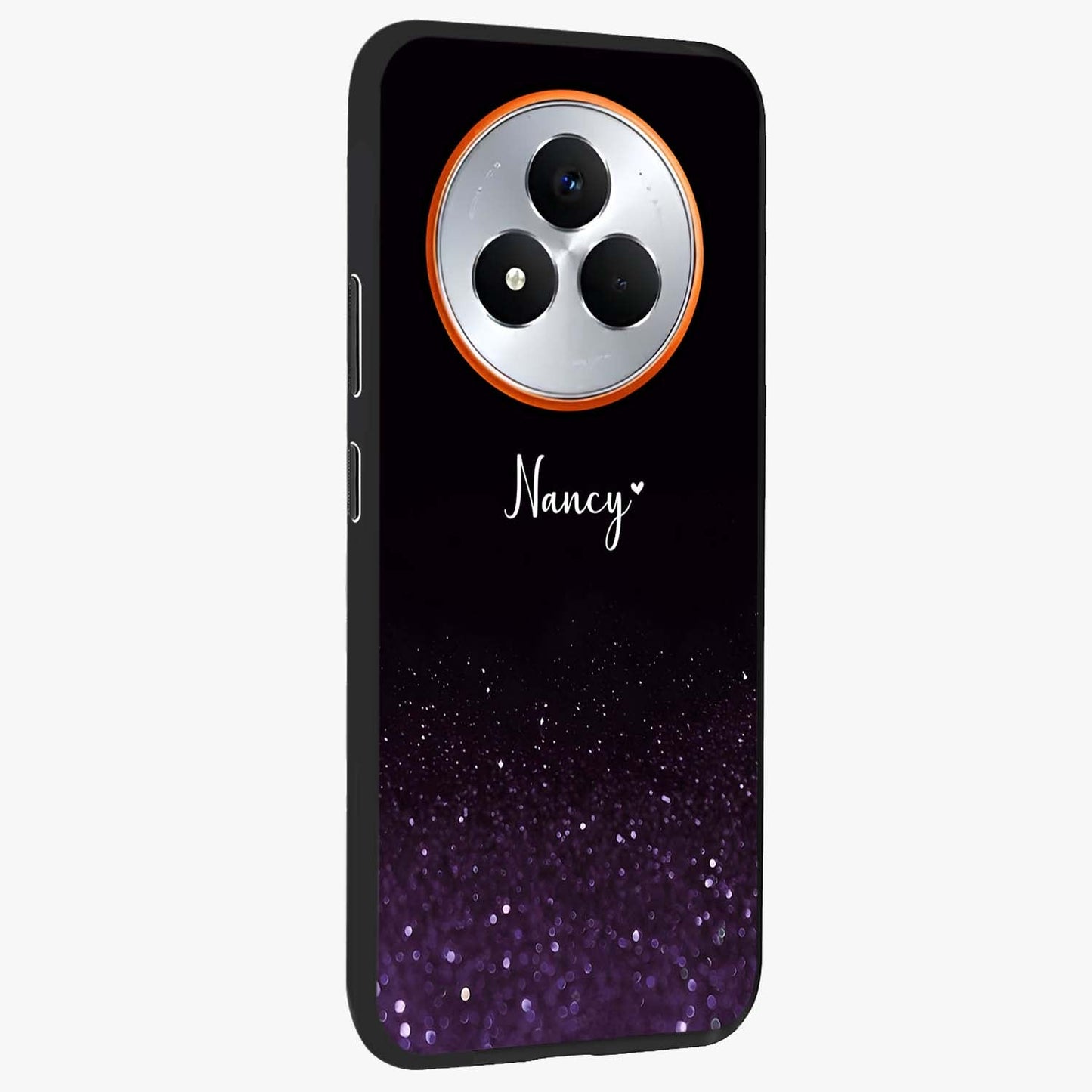 Glittery Purple Bokeh Custom Name Glass Case upright view showcasing vibrant purple sparkle artwork with personalized aesthetic style.