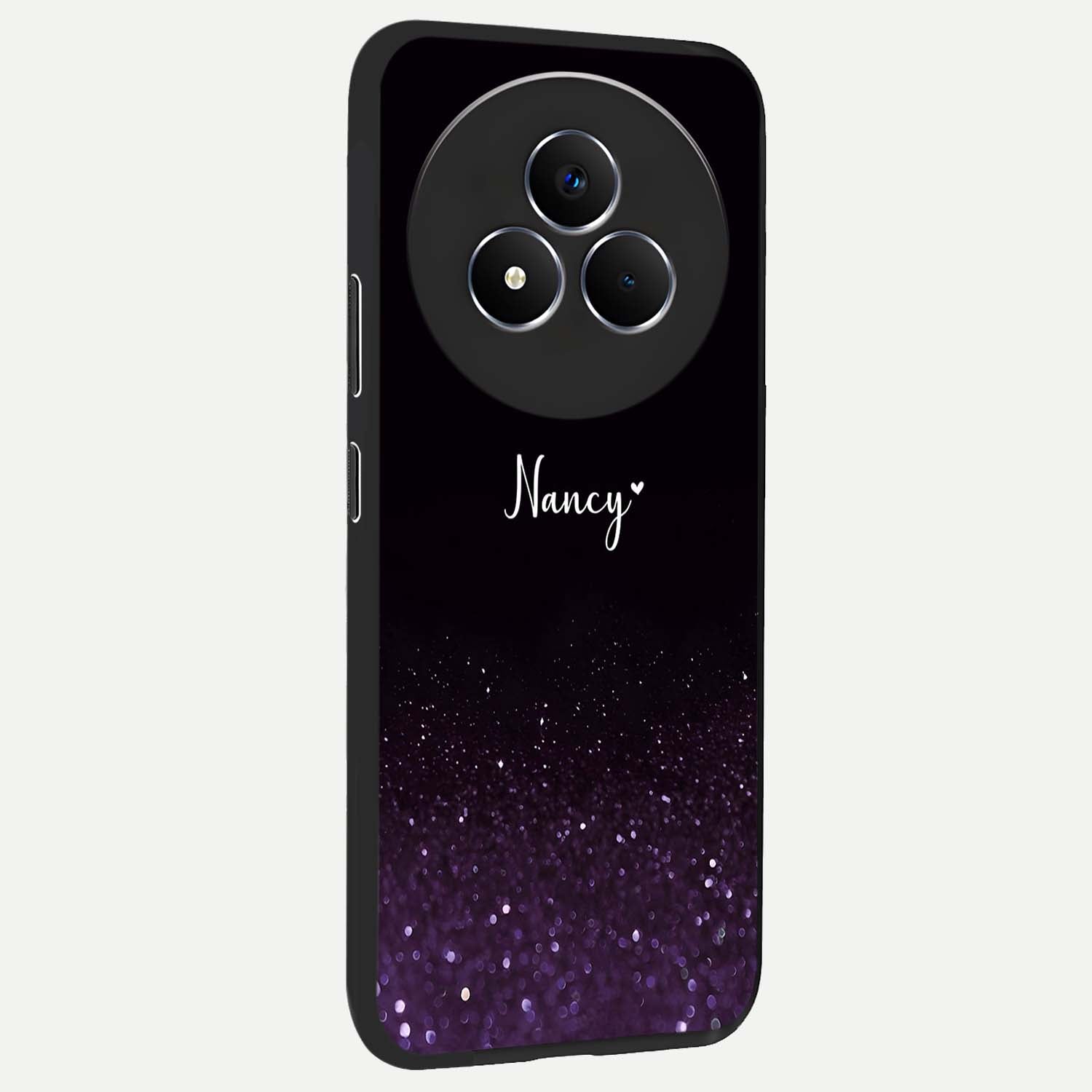 Glittery Purple Bokeh Custom Name Glass Case upright view showcasing vibrant purple sparkle artwork with personalized aesthetic style.