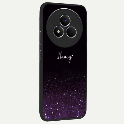 Glittery Purple Bokeh Custom Name Glass Case upright view showcasing vibrant purple sparkle artwork with personalized aesthetic style.