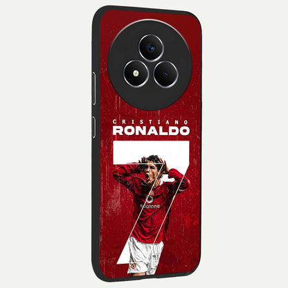 Goal Celebration Legacy Glass Case upright view showcasing dynamic football inspired artwork with victory celebration aesthetic.