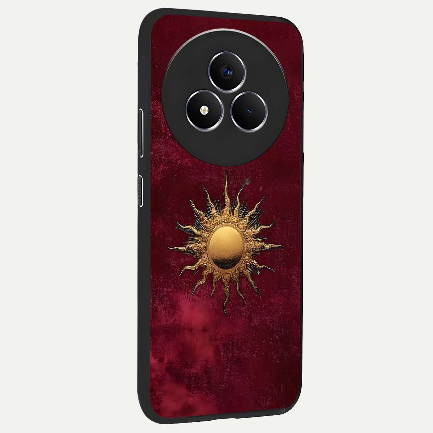 Gold Sun Blush Glass Case upright view showcasing glowing sun artwork with elegant celestial theme.