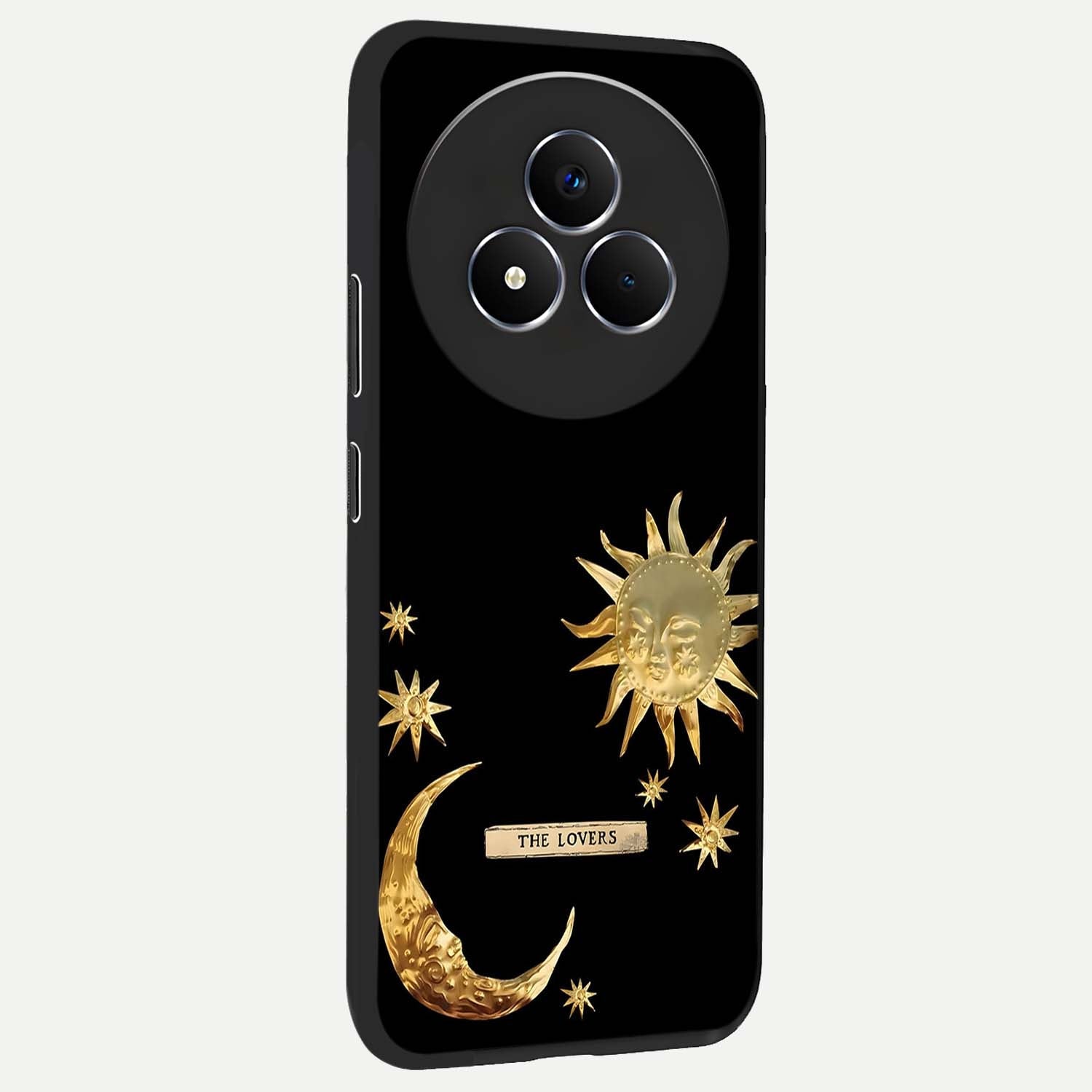 Golden Celestial Charm Glass Case upright view showcasing radiant celestial artwork with elegant golden theme.