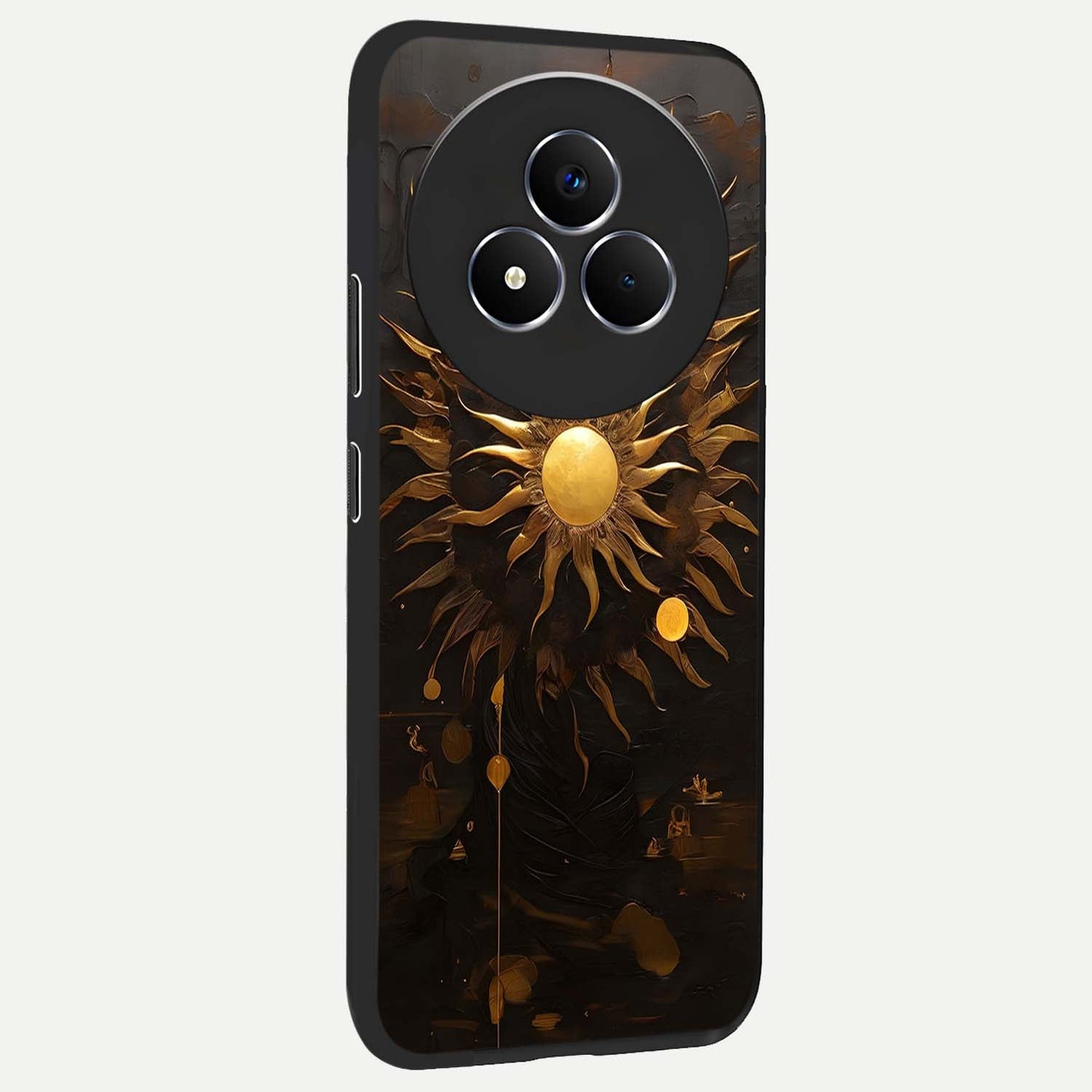 Golden Sun Minimalism Glass Case upright view showcasing haunting graveyard artwork with dramatic dark theme.