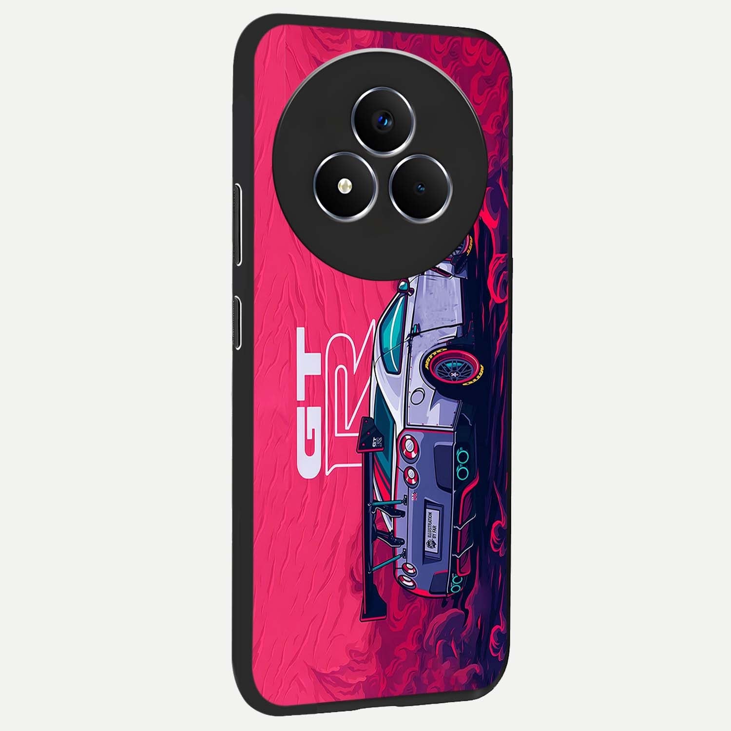 GT-R Car Pattern Glass Case upright view showcasing dynamic car pattern artwork with modern sports theme.