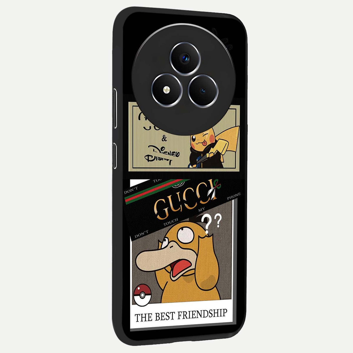 Gucci Play Mashup Glass Case upright view showcasing trendy luxury inspired artwork with modern fashion theme.