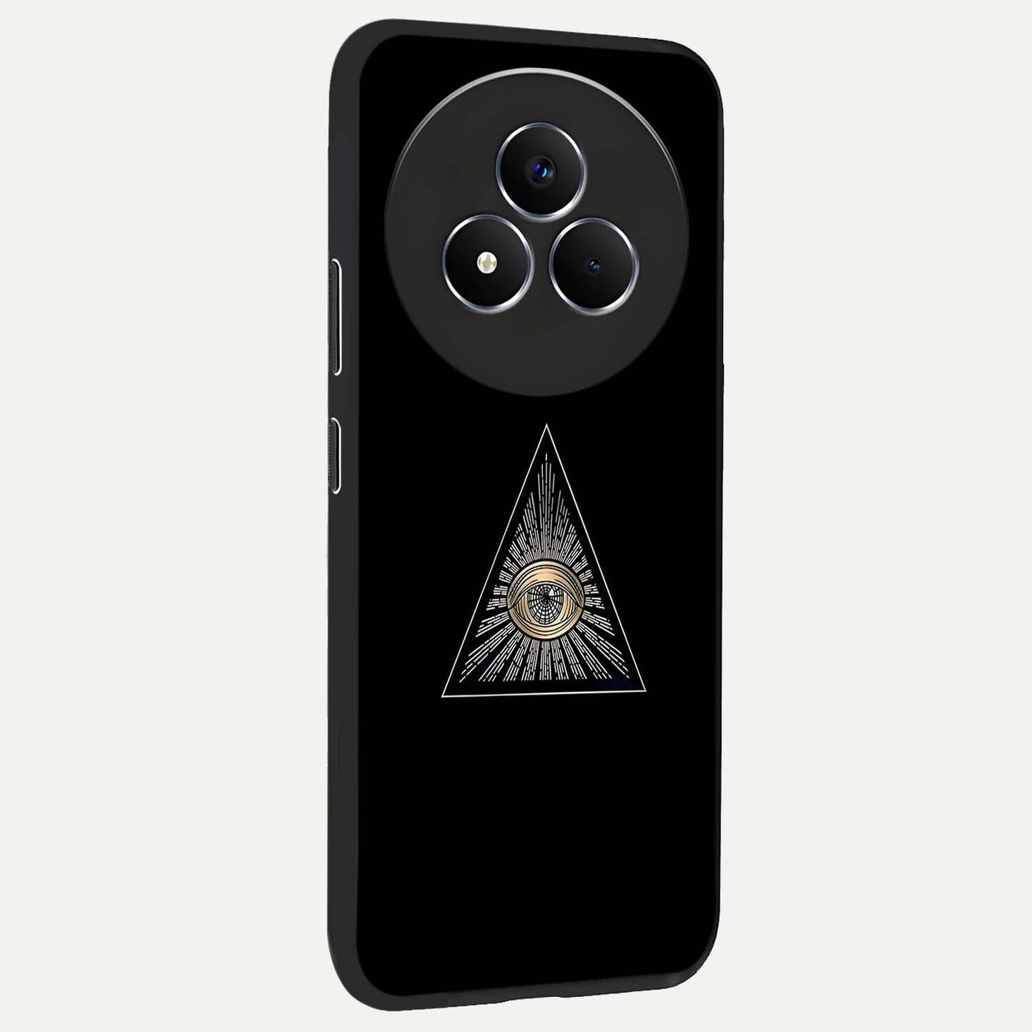 Illuminati Evil Glass Case upright view showcasing striking illuminati artwork with mysterious symbolic theme.