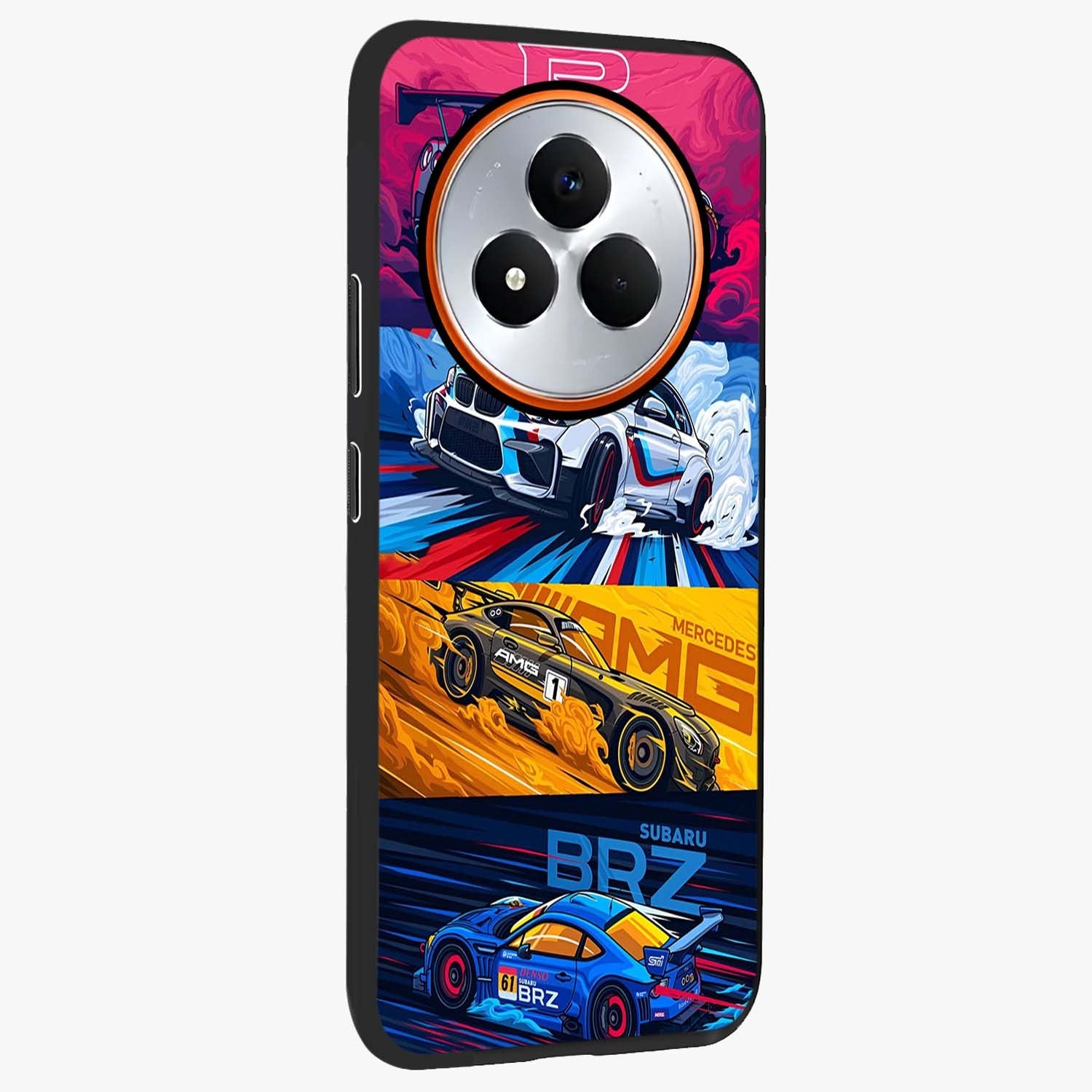 JDM Sports Car Glass Case upright view showcasing dynamic sports car artwork with bold racing theme.