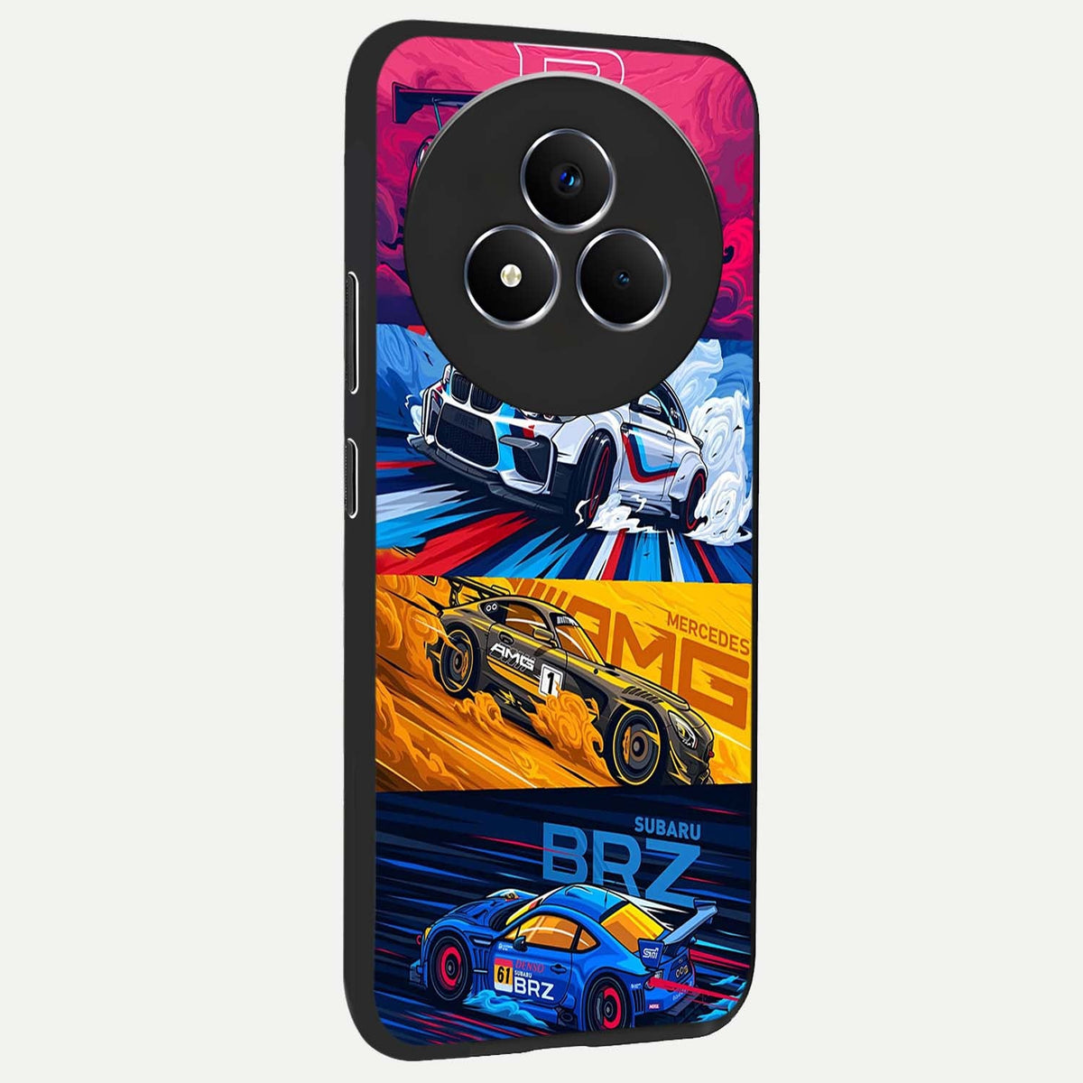 JDM Sports Car Glass Case upright view showcasing dynamic sports car artwork with bold racing theme.
