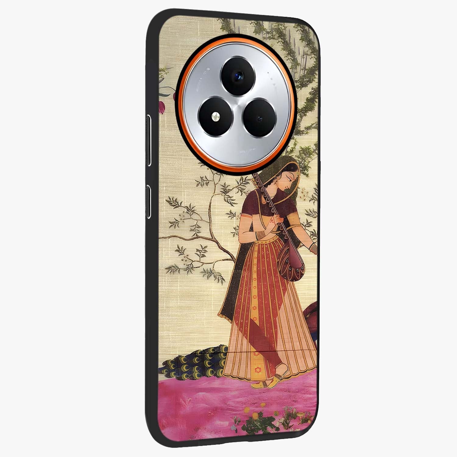 Lady With Veena Art Glass Case upright view showcasing classical veena artwork with traditional artistic theme.