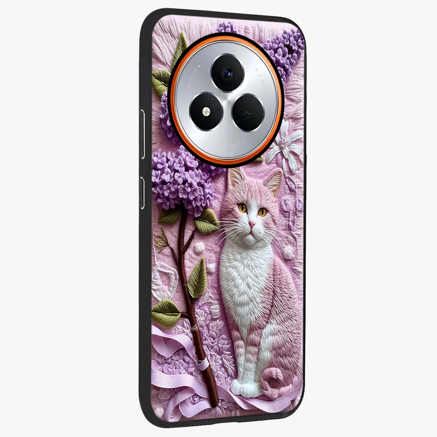 Lavender Cat Whimsy Glass Case upright view showcasing charming cat artwork with whimsical lavender theme.
