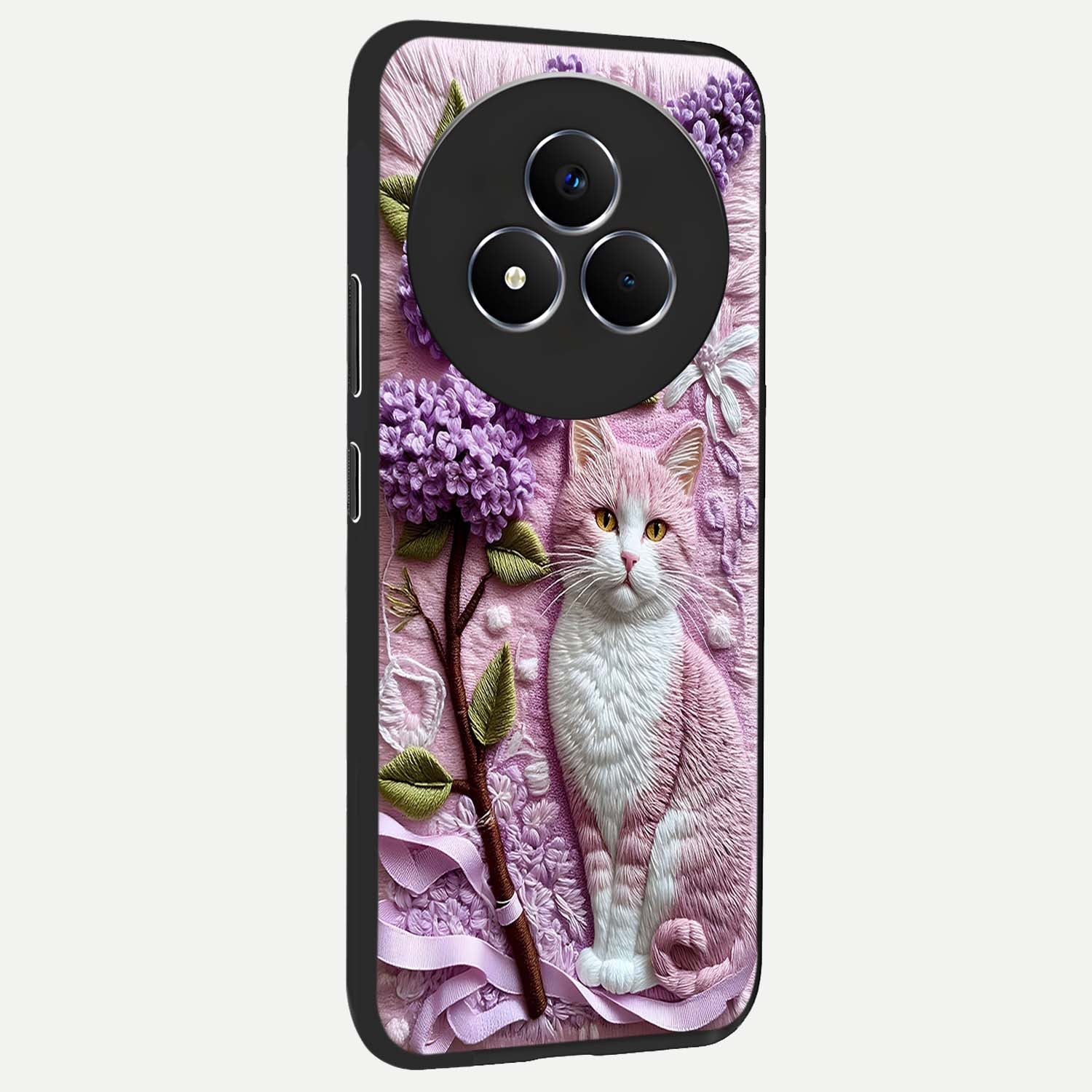 Lavender Cat Whimsy Glass Case upright view showcasing charming cat artwork with whimsical lavender theme.