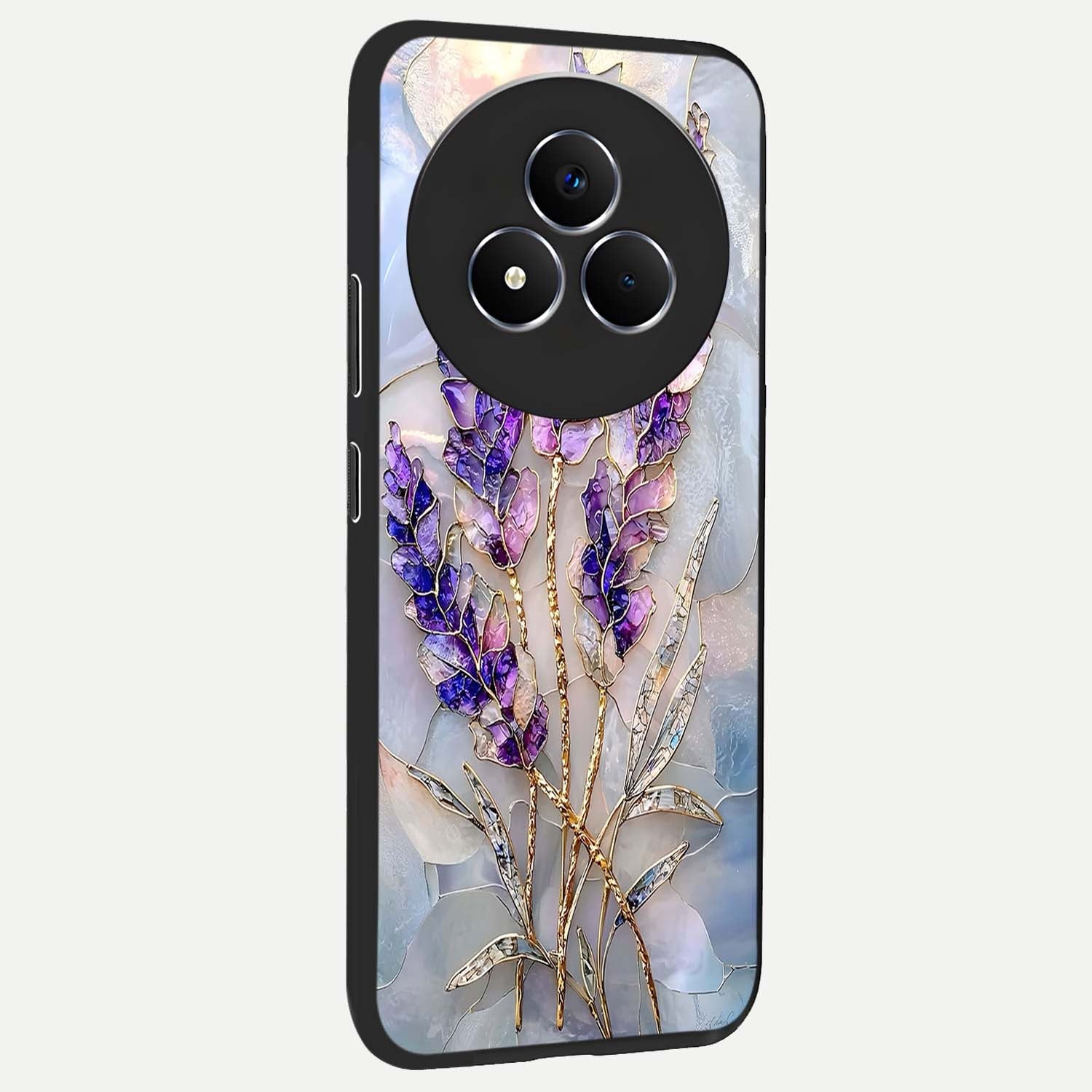 Lavender Dream Glow Glass Case upright view showcasing radiant lavender glow artwork with calming dreamy theme.