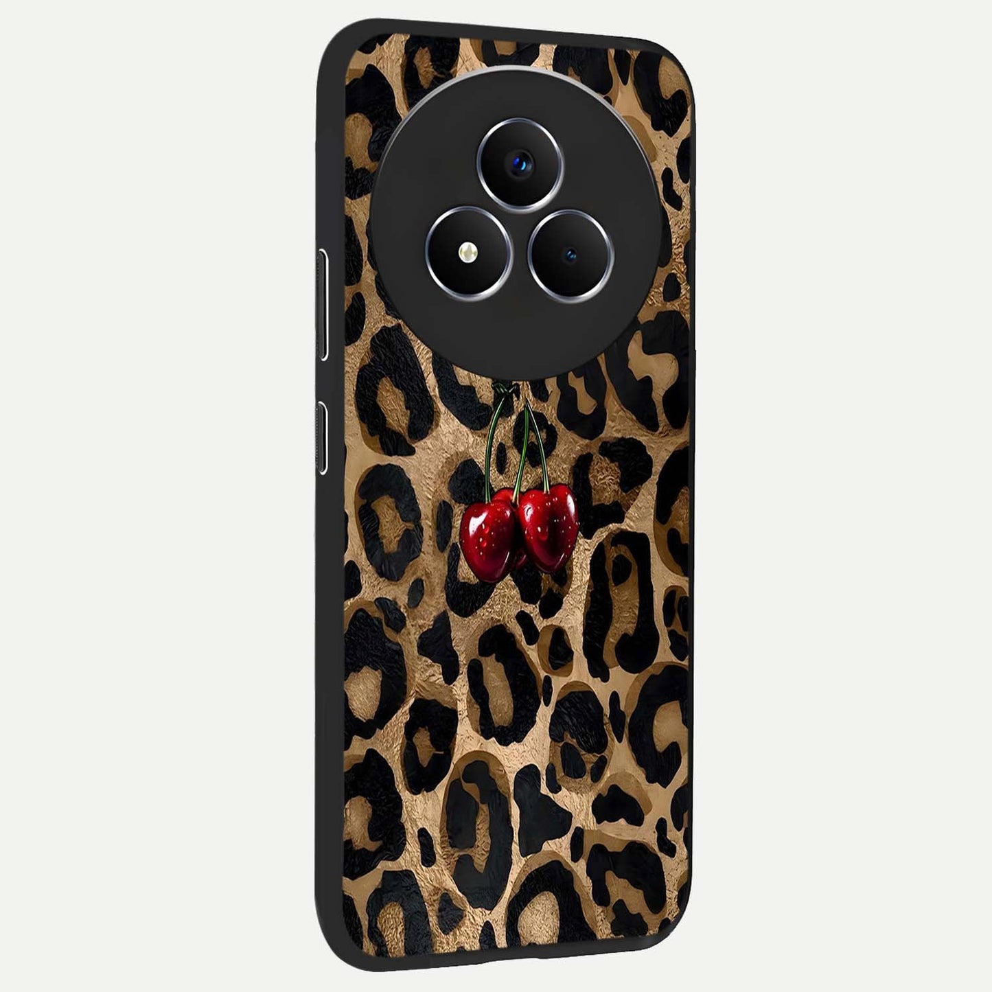 Leopard Wild Cherry Glass Case upright view showcasing stylish leopard pattern artwork with trendy fashion theme.