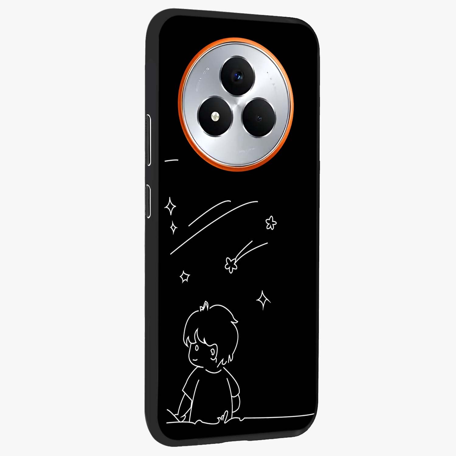 Line Art Boy With Shooting Stars Glass Case upright view showcasing artistic shooting star illustration with minimal style.