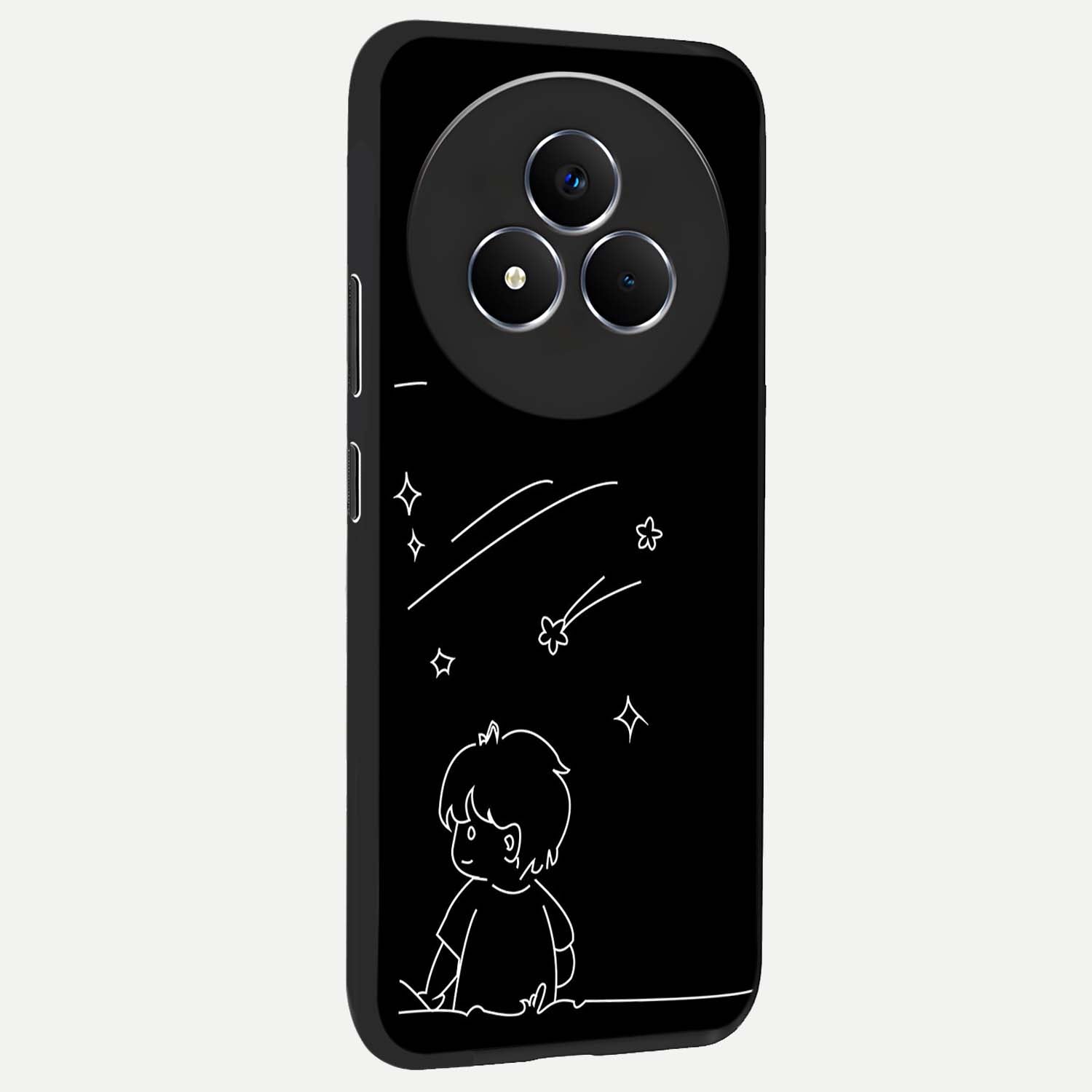 Line Art Boy With Shooting Stars Glass Case upright view showcasing artistic shooting star illustration with minimal style.